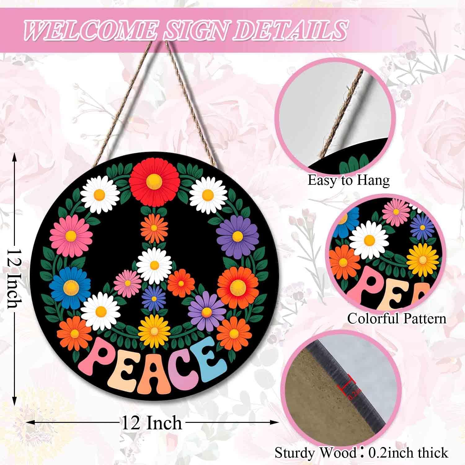 Welcome Door Sign Wreath Door Hanger Peace Symbol, Rainbow Love Peace Sign Welcome Signs Front Door Wreath Hanging For Bedroom Living Room Indoor Outdoor Kitchen