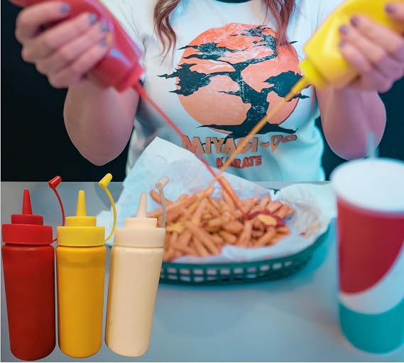 Condiments Squeeze Bottles for Ketchup, Mustard, Mayo, Dressing, Oil, Syrup, Vinegar, Sauces, Honey, Craft, Squirt Dispenser with Leak Proof Cap for Liquids- 12 Oz, BPA Free, 3 Pack, Red Yellow White