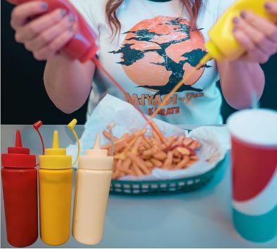 Condiments Squeeze Bottles for Ketchup, Mustard, Mayo, Dressing, Oil, Syrup, Vinegar, Sauces, Honey, Craft, Squirt Dispenser with Leak Proof Cap for Liquids- 12 Oz, BPA Free, 3 Pack, Red Yellow White