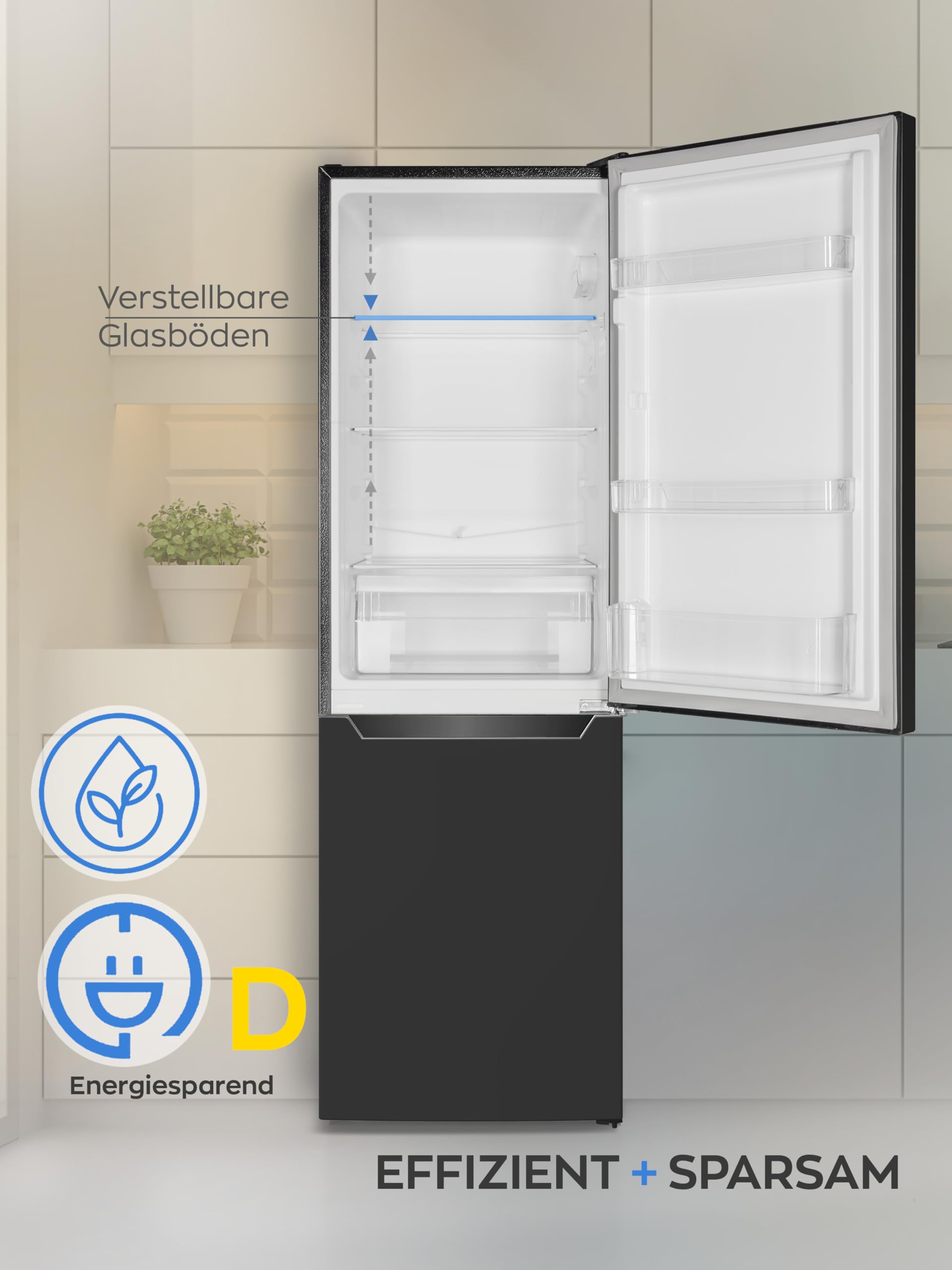 Heinrich´s Kühlgefrierkombination mit 157 L Gesamtvolumen, 109 L Kühlvolumen 48 L Gefriervolumen, LED Beleuchtung, Türanschlag wechselbar, verstellbare Füße, leise 39 dB, große Tiefkühlboxen, schwarz