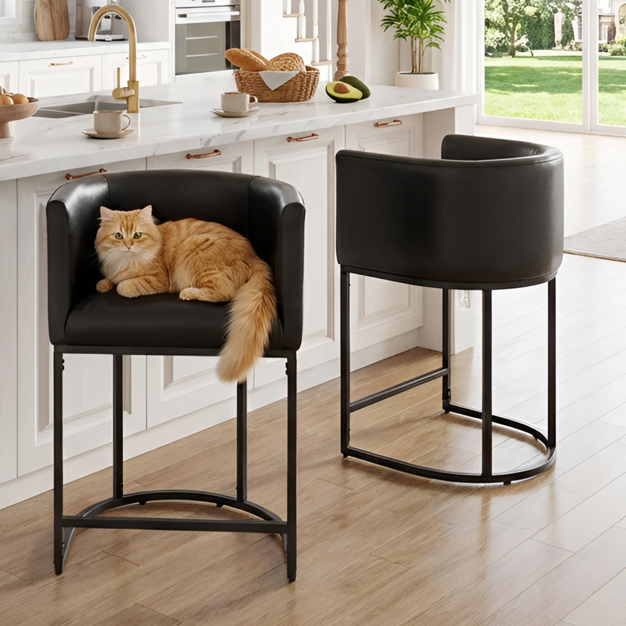 HNY Black Modern Barrel Counter Height Clearance Bar Stools Set of 2, 24 Inch PU Leather Kitchen Barstools with Back for Island, with Black Metal