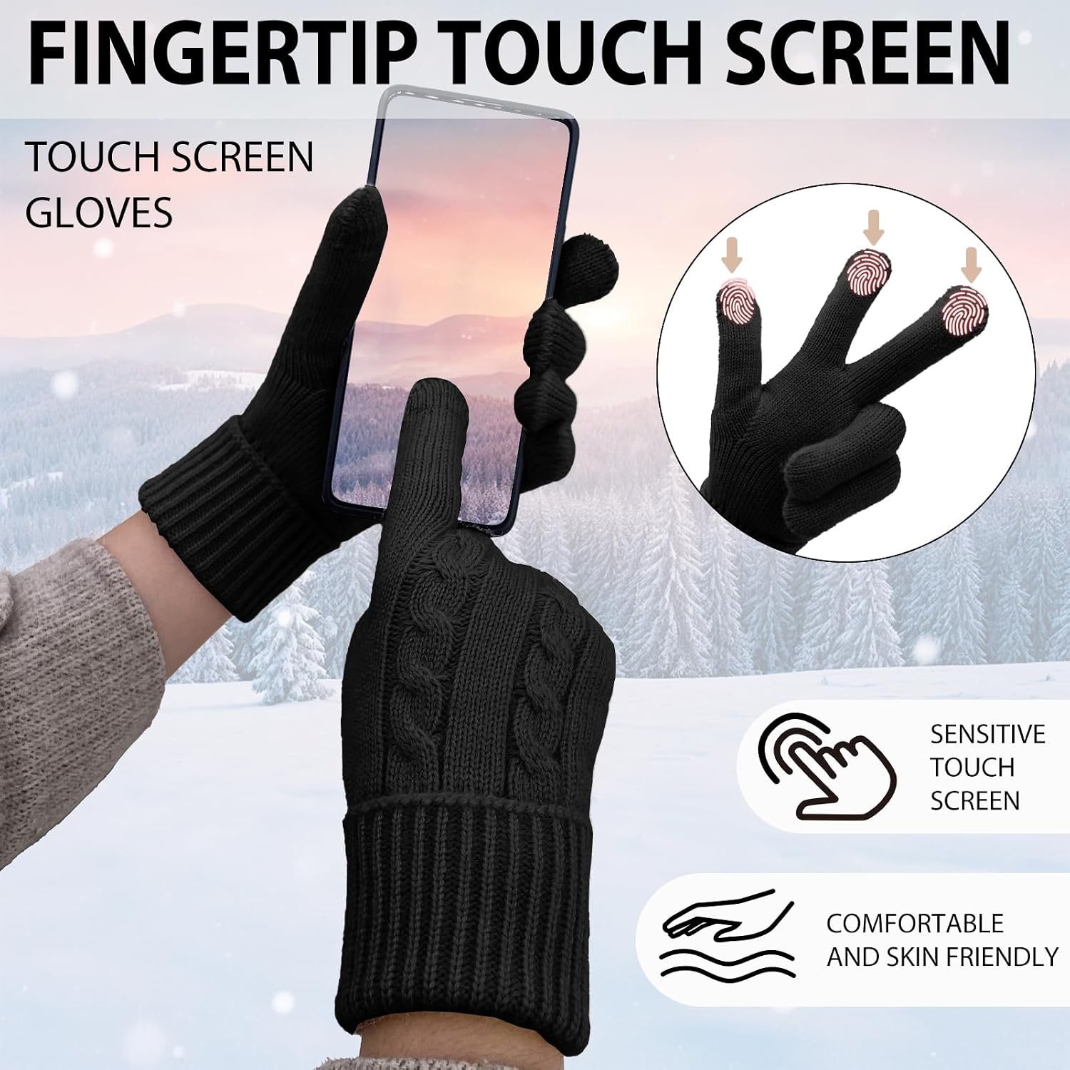 Winter Wool Gloves for Women Warm Touchscreen Fleece Elastic Soft Knit Gloves for Cold Weather Folding Cuffs