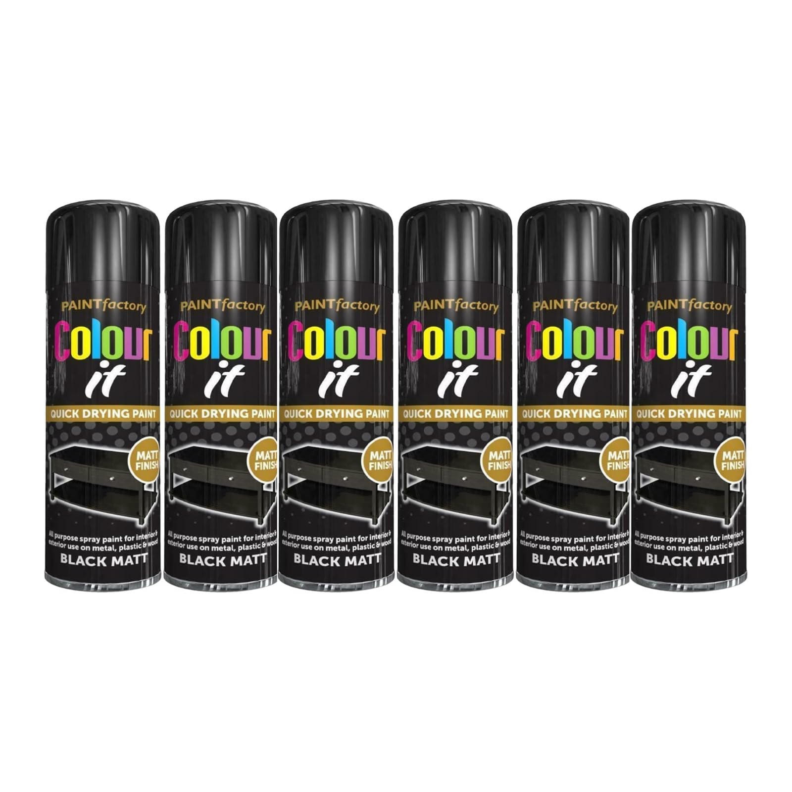 YSAMAX Black Matt Spray Paint, Multipurpose Aerosol, Quick Drying Black Paint for Wood, Metal, Indoor & Outdoor Surfaces (250 ml) (6 PCS)