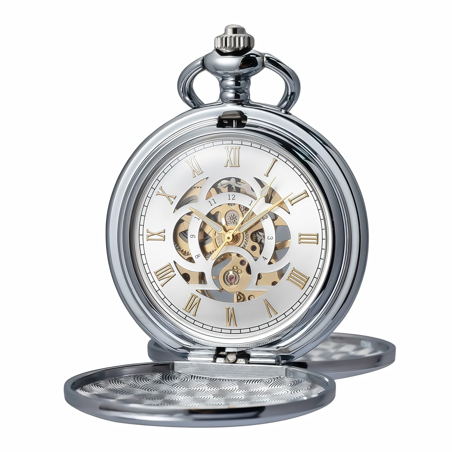 Silver Mechanical Pocket Watch with Chain - Retro Smooth Classic Handwind - Roman Numerals for Men & Women-image-44
