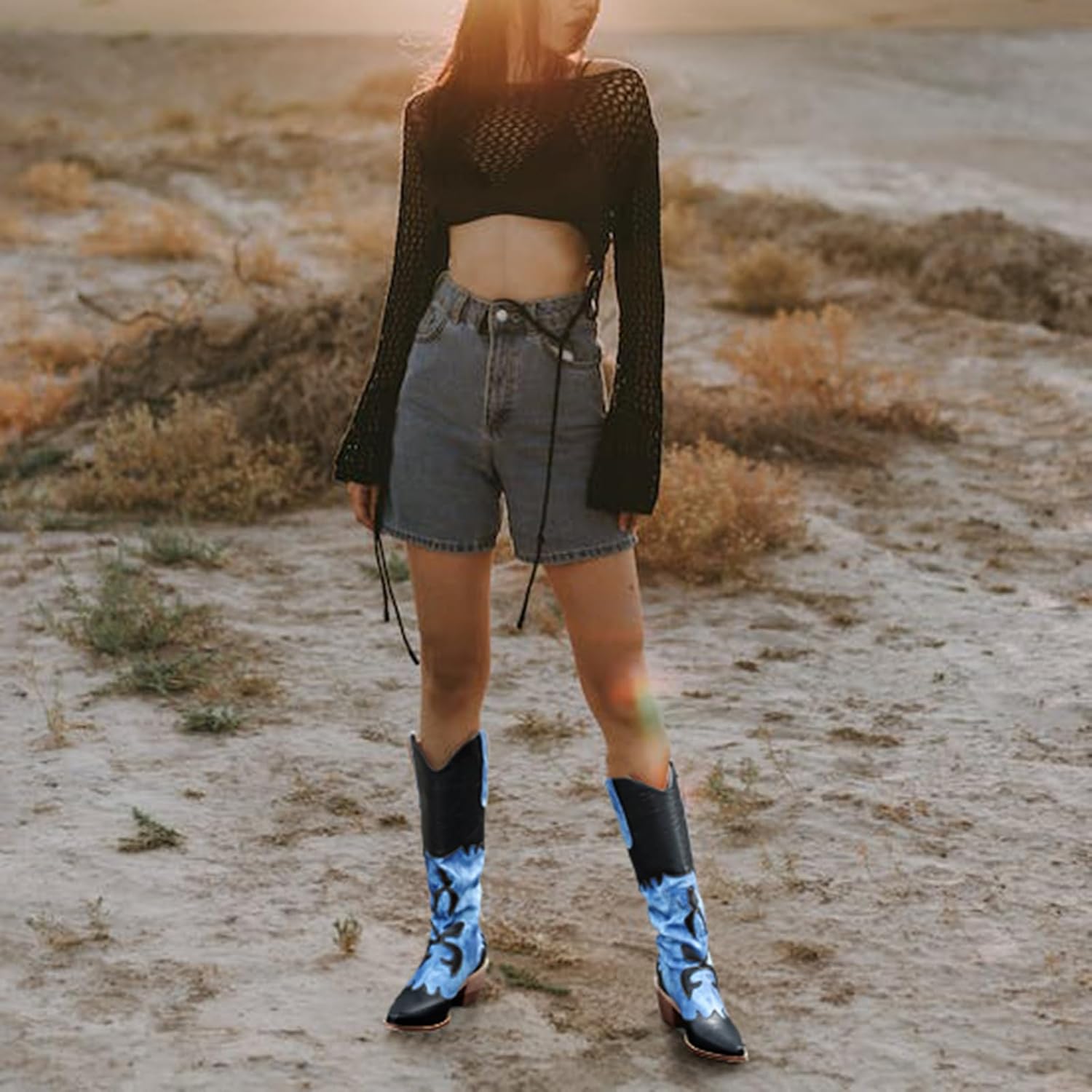 Cozivwaiy Women Denim Cowboy Boots Patchwork Knee High Boots Colorblock Western Cowgirl Mid Calf Jeans Shoes Pointed Toe Chunky Heel Pull On - Image 2