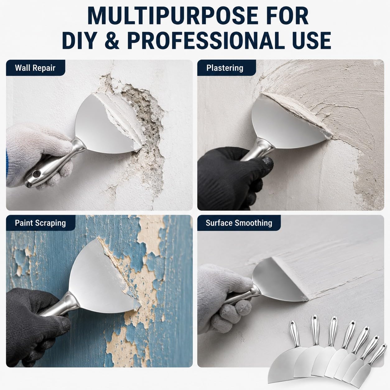 Espátulas Masilla de Acero Inoxidable, Raspadores de Papel Tapiz, Juego de Espátulas de Relleno para Masilla Mango Hueco Plata para Eliminar Pintura y Manchas