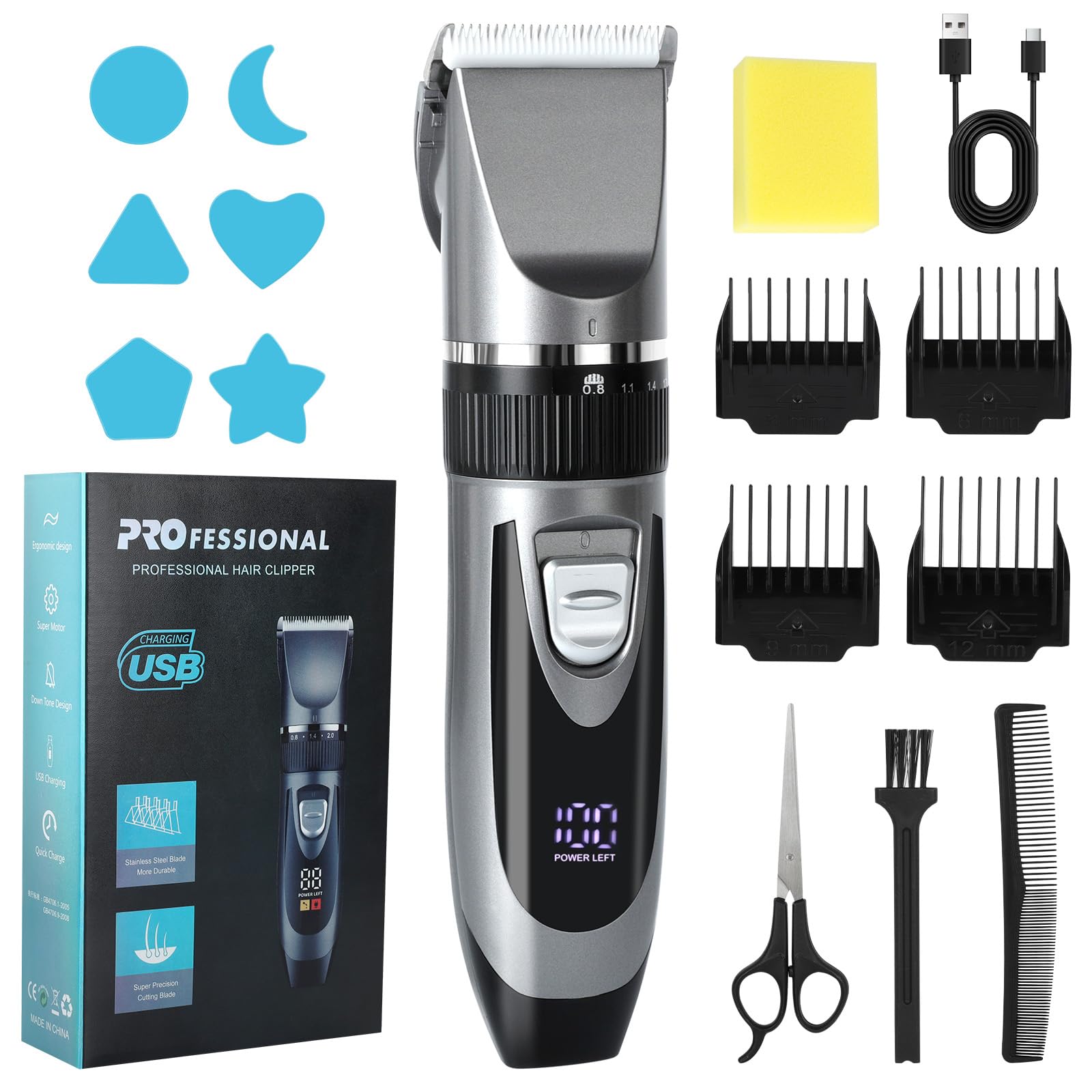 Cozary Rasoio Elettrico Barba, Macchinetta per Capelli, Tagliacapelli Uomo Professionale, Ricarica USB con Display a LED, 4 Pettini Guida, Senza Fili Trimmer, Regolabarba Uomo per Famiglia/Barbiere