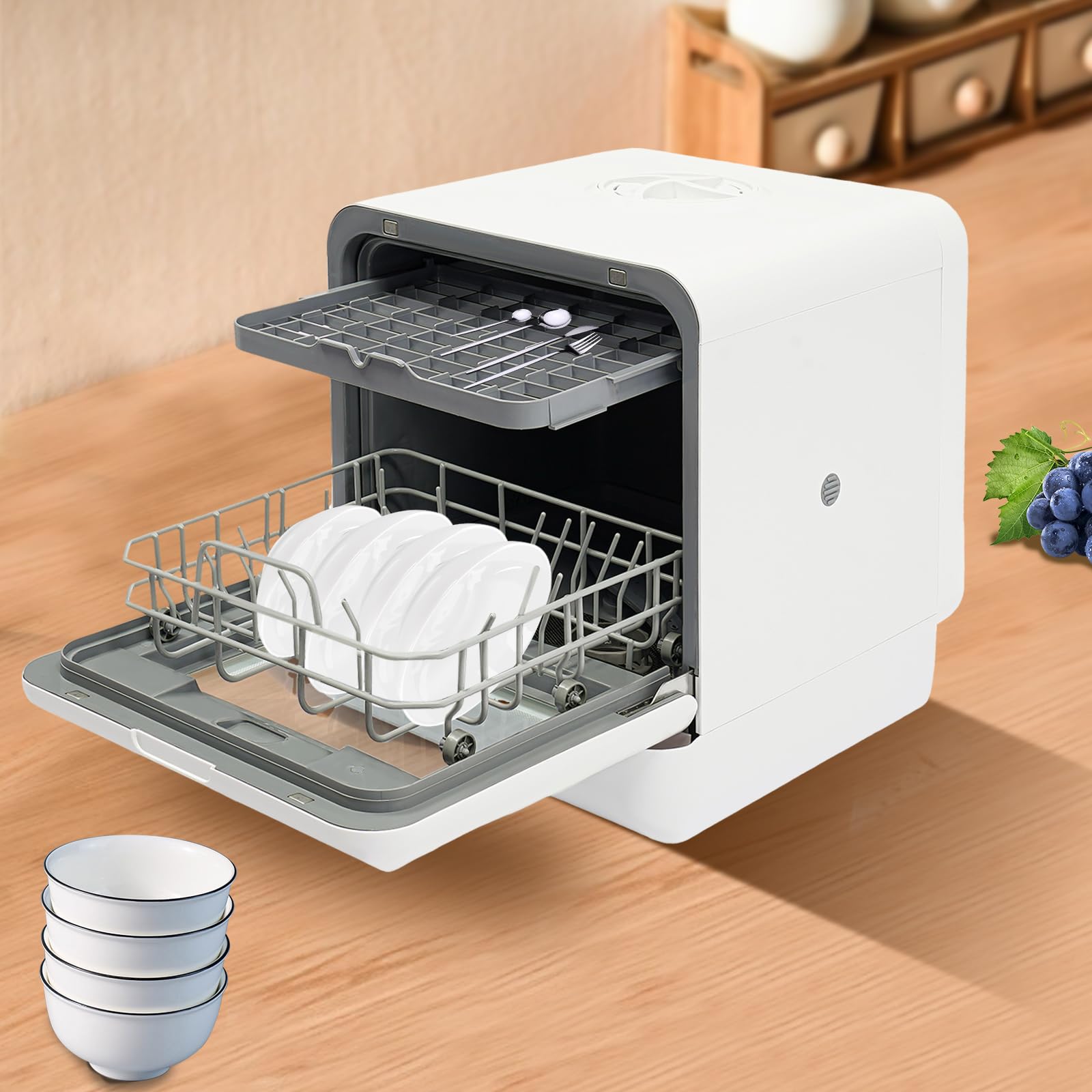 1100W Lavastoviglie da Tavolo Portatile, Compatta 220V con Serbatoio Integrato in ABS PP Vetro Bianco per Cucine Piccole Appartamenti Famiglie
