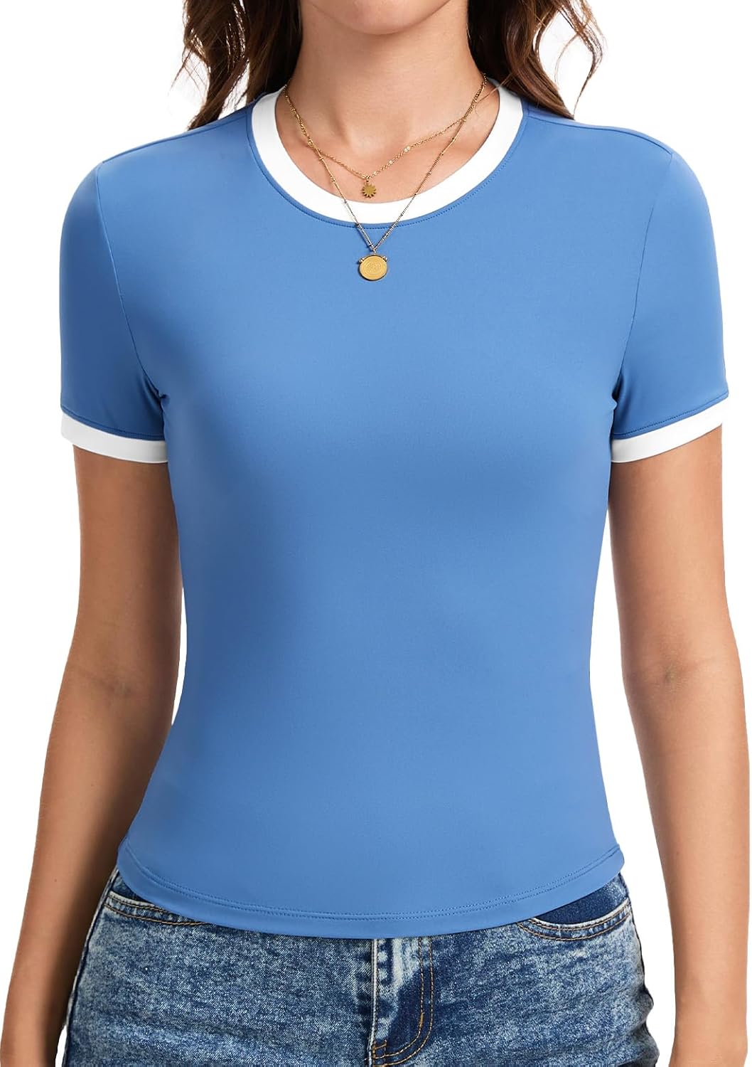 YUCOLEN Women's Short Sleeve Shirts Crew Neck Color Block T Shirt 2025 Summer Crop Tops Slim Fit Basic Tee Tops - Image 3