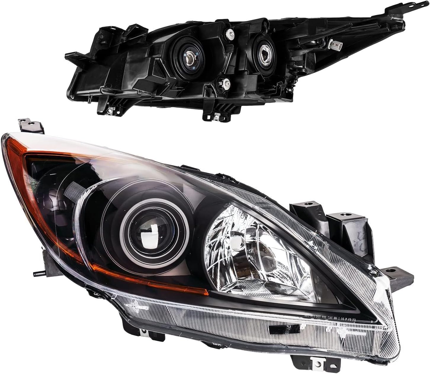 PHILTOP Headlight Assembly for 2010 2011 2012 2013 Mazda 3, Black Housing Clear Lens Clear Reflector, Halogen Headlamp OE Replacement Driver and Passenger Side Pair