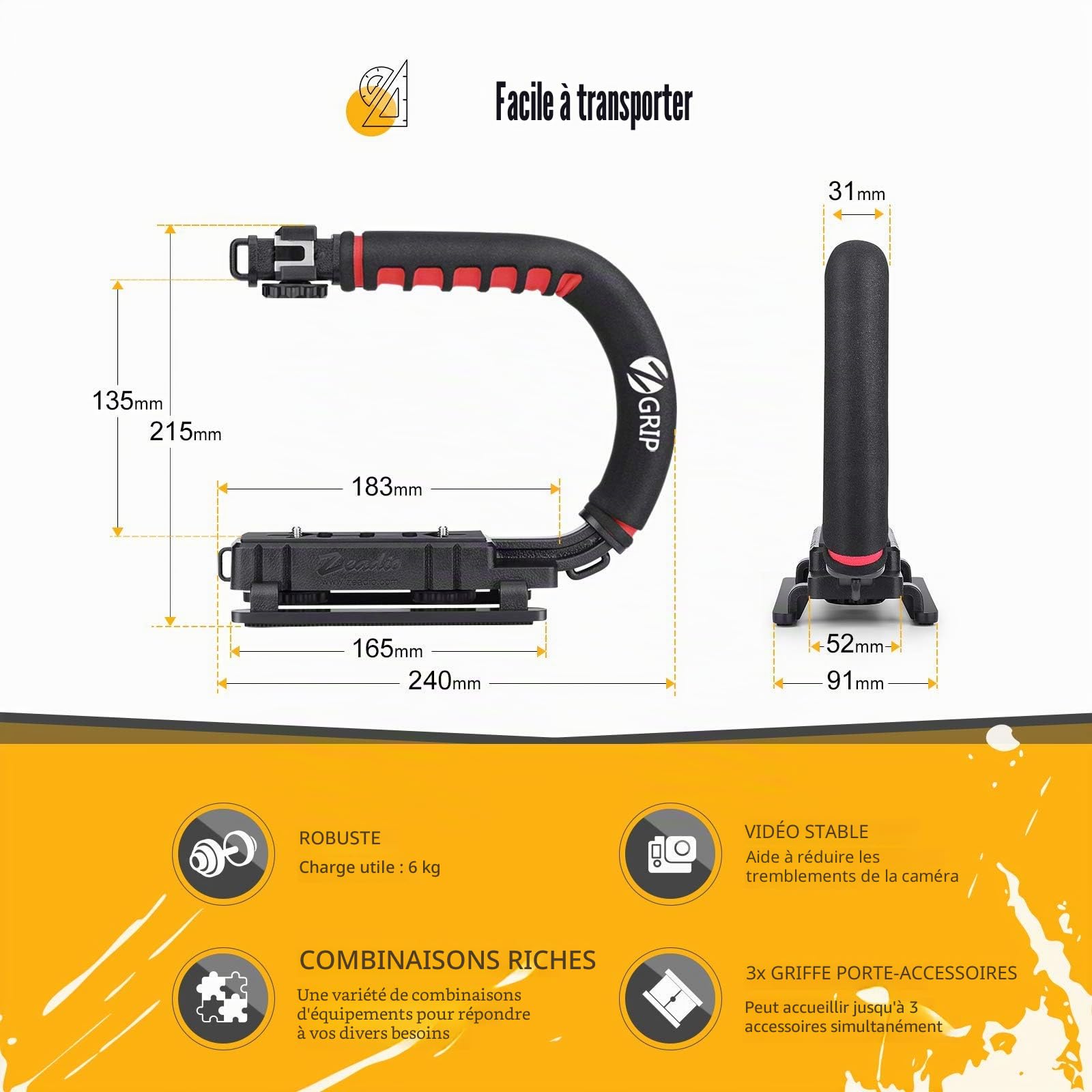 Zeadio Poignée de stabilisation d’Action vidéo avec Monture Cold Shoe pour ompatibilité avec Toutes Les caméras, caméscopes, caméras d’Action, DSLR