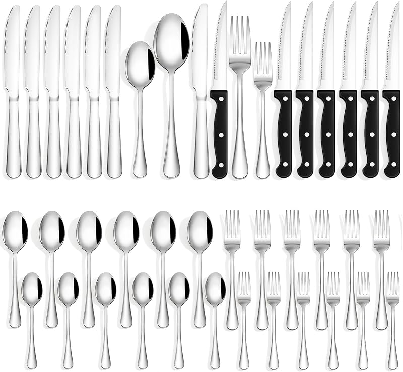 Quatish 36 Piece Silverware Set with Steak Knives, Cutlery Utensil Sets for 6, Food-Grade Stainless Steel Flatware Sets, Kitchen Utensils Set for Home Restaurant Hotel, Mirror Finished, Silver