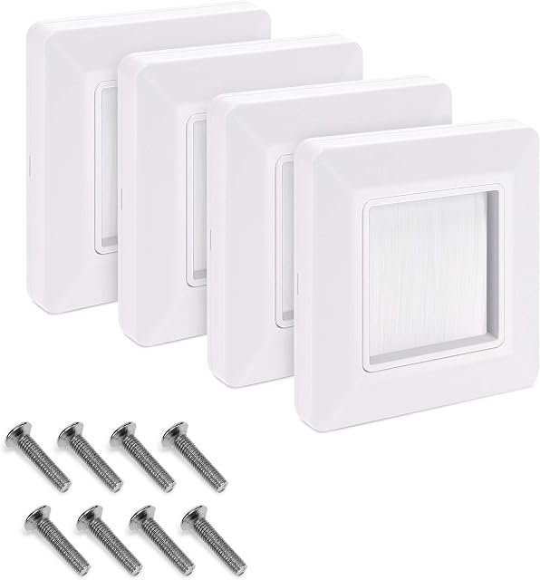 kwmobile Flush Brush Wall Plate - 4X Single Gang Flush Wall Mounted Brush Faceplate to Cover Outlets, Sockets and Tidy Up Wires and Cables - White