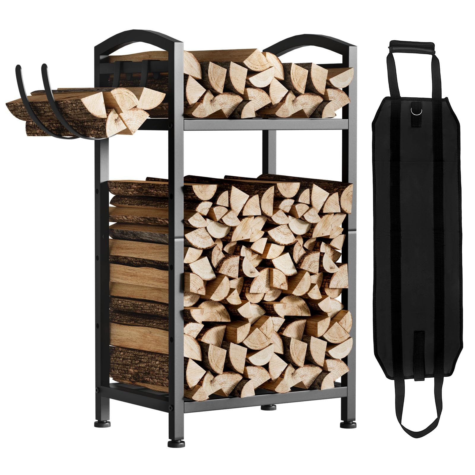 Yorbay Scaffale per legna da ardere interno in metallo piccolo: scaffale per legna da ardere doppio strato con gancio e borsa per legna da ardere, colore nero, robusto scaffale in legno per camino