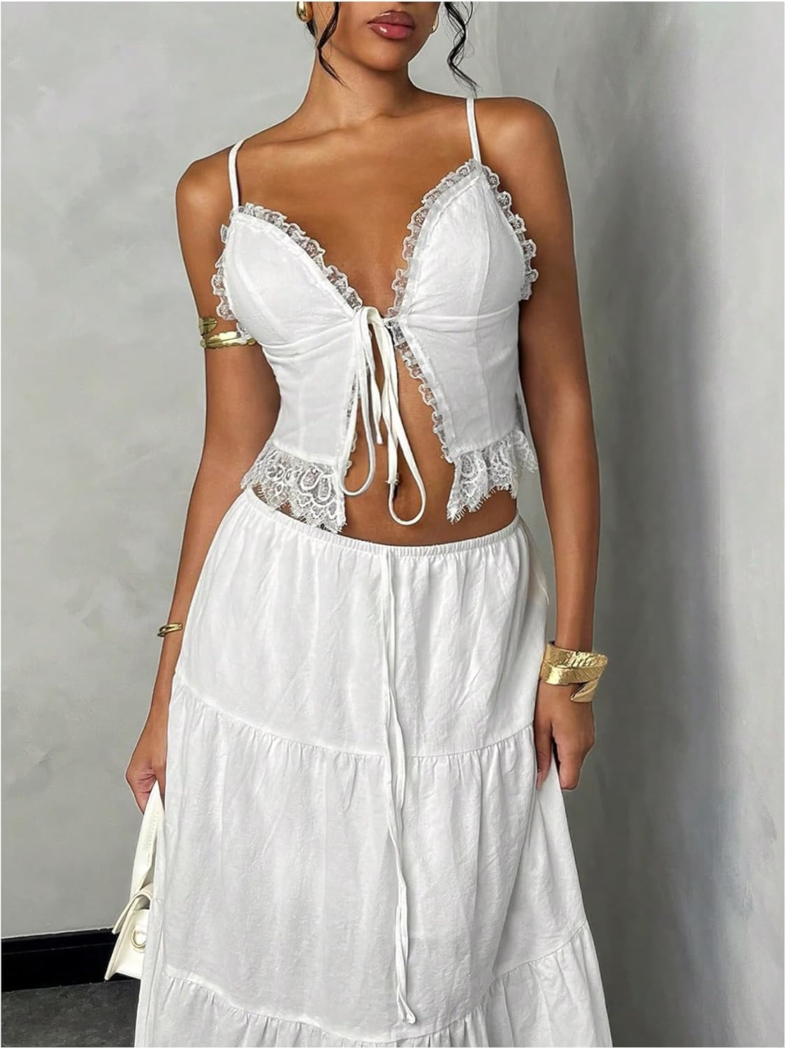 Floerns Women's 2 Piece Outfit Lace Trim Tie Front Camisole Top Tiered Maxi Skirts Set - Image 5