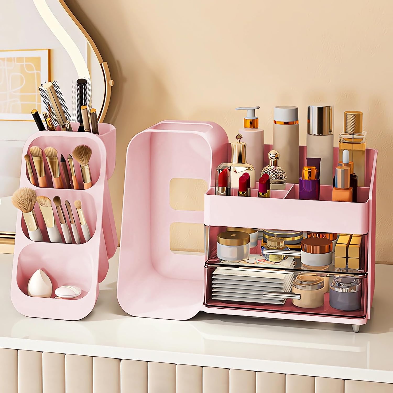 DASITON Makeup Organizer with Drawers for Vanity,Large Capacity Cosmetic Display Case with Makeup Brush Holder,Skincare Organizer for Bedroom Dresser Bathroom,Cosmetic Organizer Countertop(Pink)