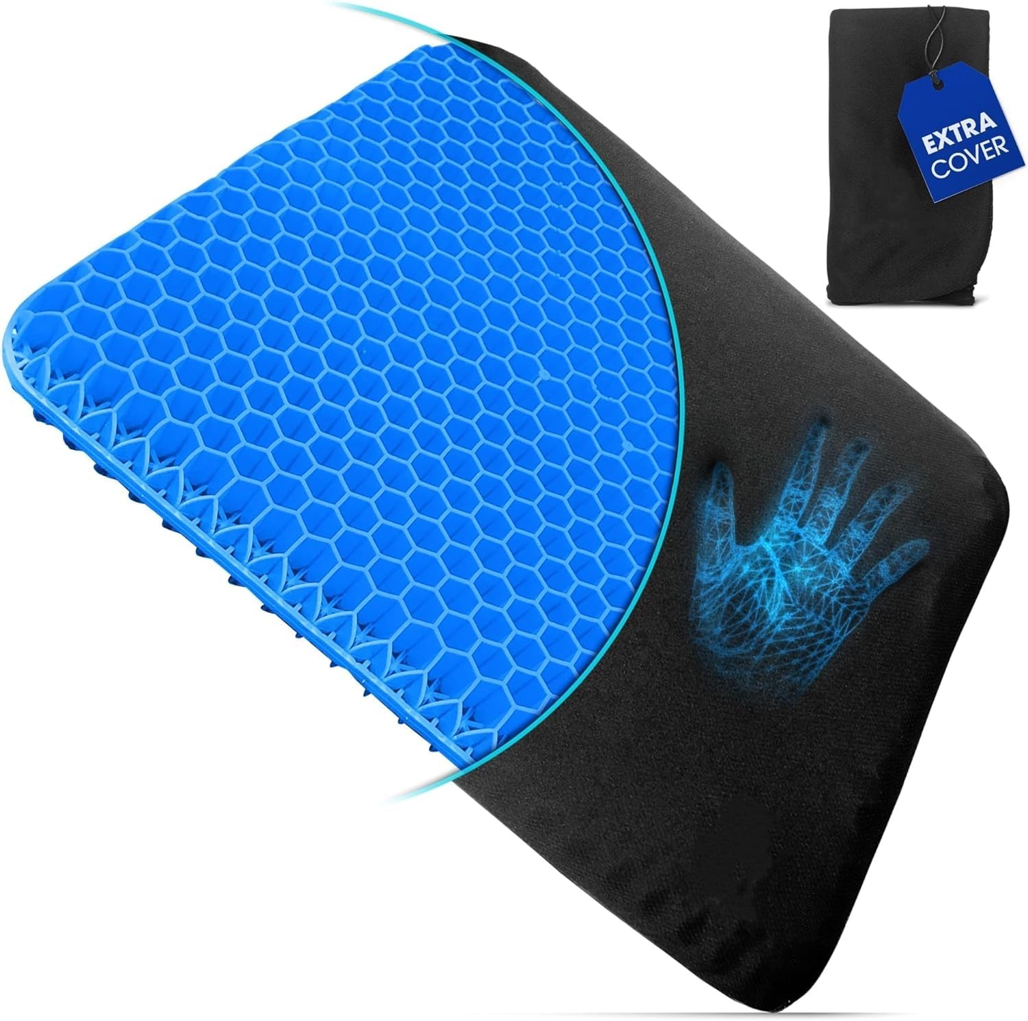 LATERN Cojín de Gel para Asiento, 42CM x 36CM Nido de Abeja Cojín de Gel de Doble Espesor Cojín de Asiento Ergonómico y Fresco con Funda para Hogar Oficina Silla Asiento de Coche Silla de Ruedas