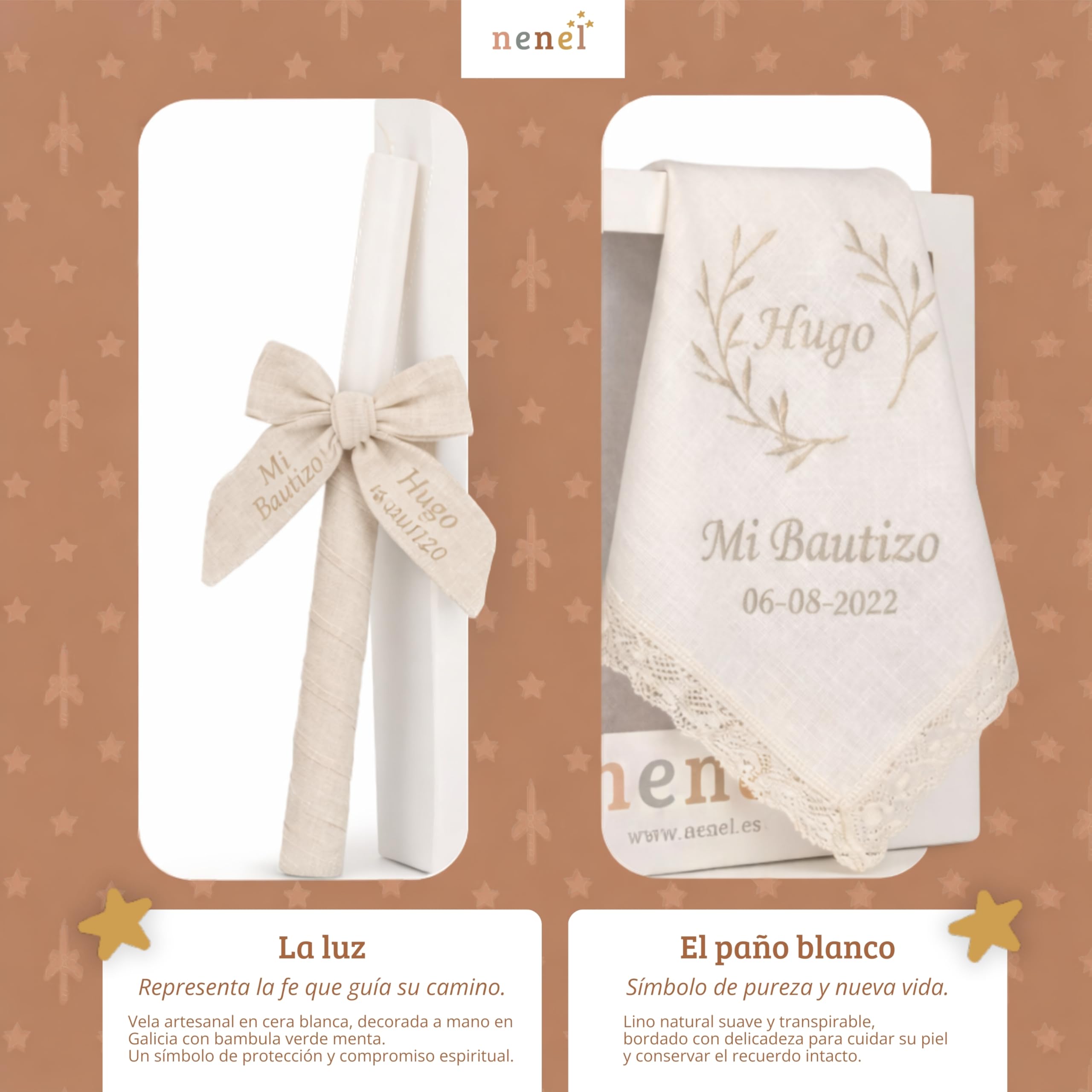 Bambule Beige Kit de Bougie et Mouchoir Personnalisé pour Baptême