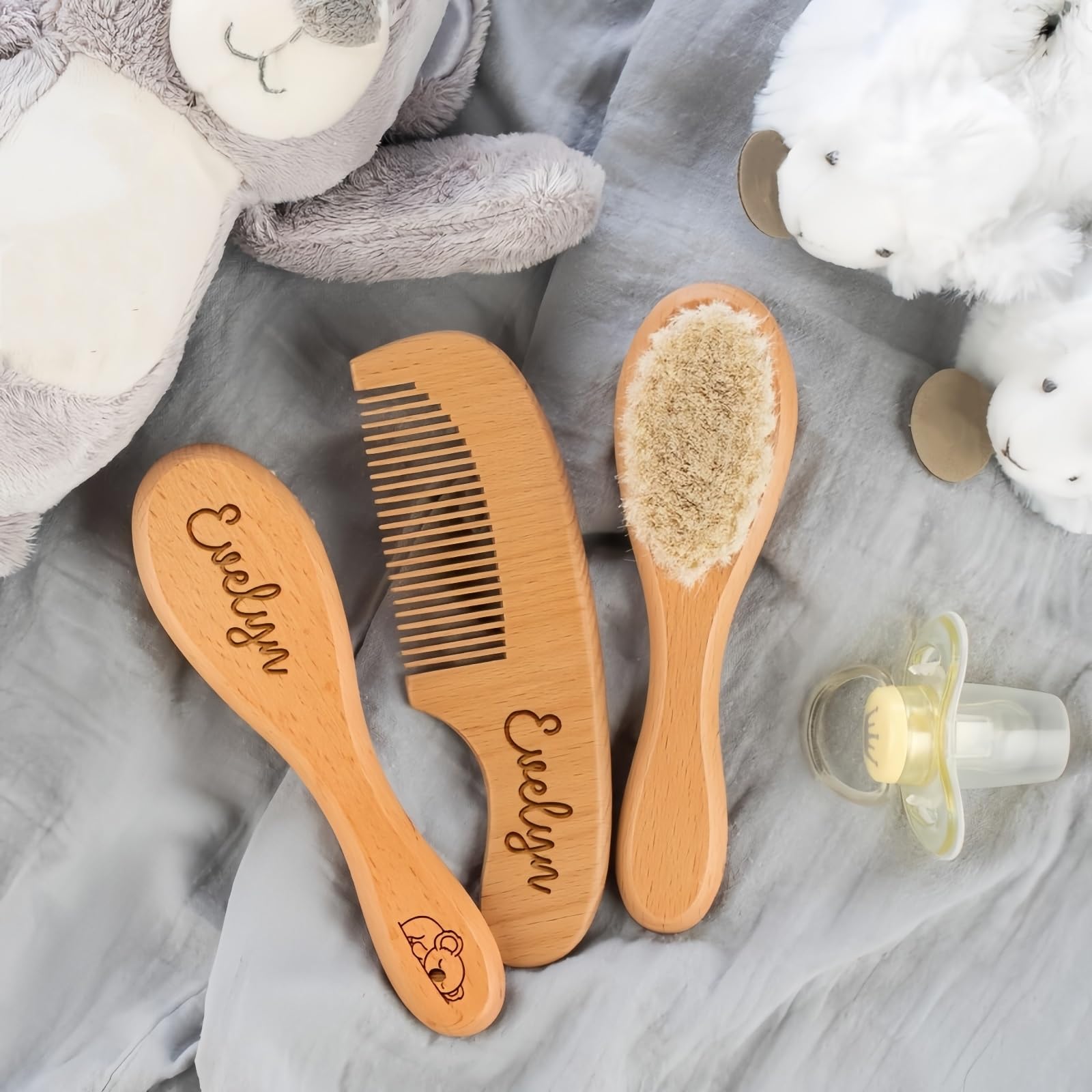 Set Personalizzato Di Spazzola E Pettine Per Bambini, Spazzola In Lana, Pettine In Legno Con Nome E Icona Incisi, Accessori Per Il Bagnetto, Regali Per Neonati