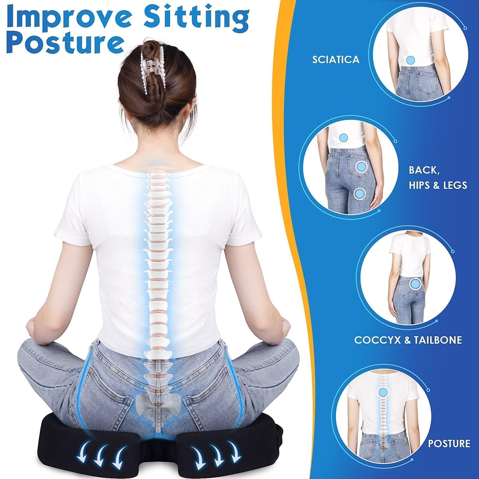 TushGuard Cojín de Asiento para Silla de Oficina, Espuma viscoelástica, Antideslizante, para Silla de Escritorio, coxis, ciática, Alivio del Dolor de coxis para Silla de Oficina, Coche, Silla de
