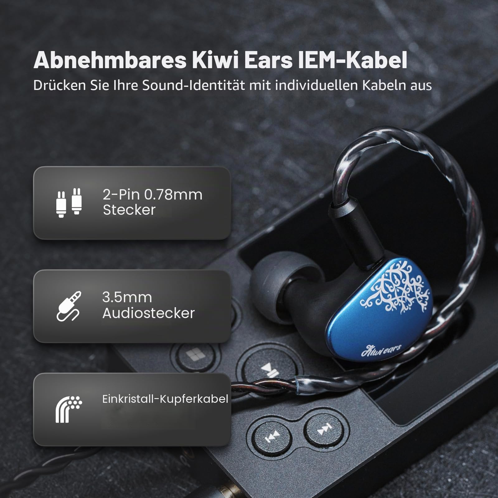 Kiwi Ears Cadenza II In-Ear-Monitor, 10 mm Titanium Dynamic Driver IEM Kopfhörer mit KARS 2.0 für präzise Klangbalance – CNC-Aluminium-Panel mit abnehmbarem 2-poligem Kabel für Musiker