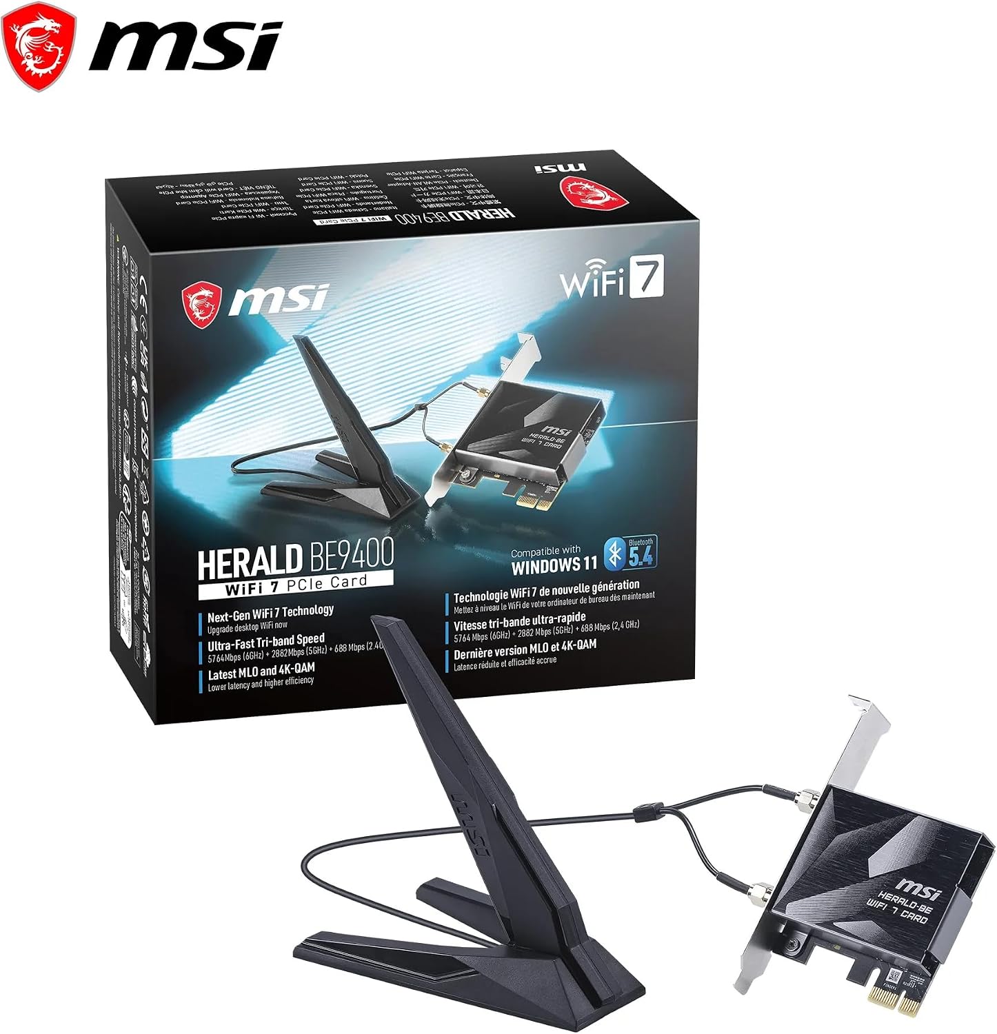 MSI Herald BE9400 PCIe Card WiFi 7 Three-Band for Desktop, Bluetooth 5.4, 6GHz, MLO, 320MHz, 5.8 GB/s