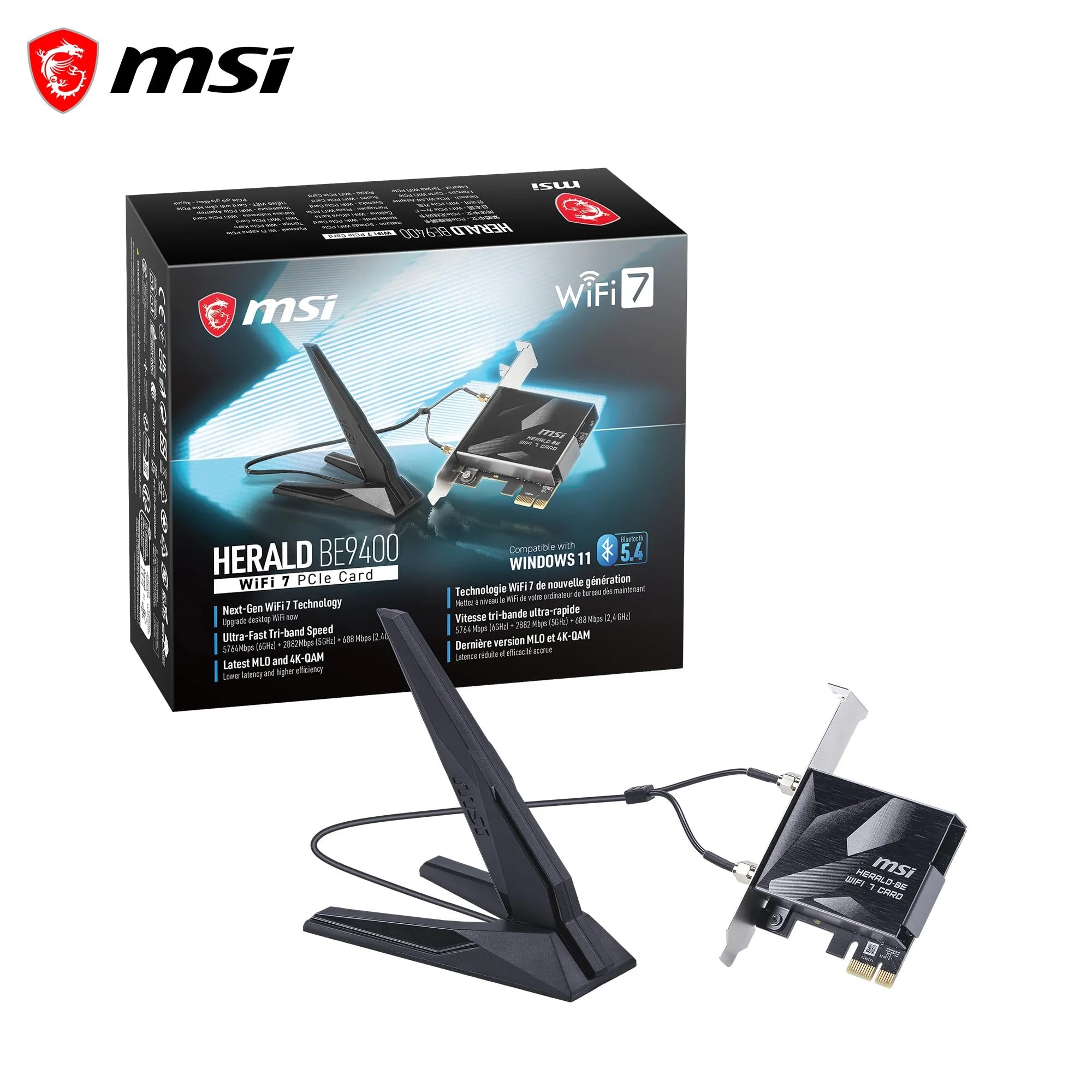 MSI Herald BE9400 - Tarjeta PCIe WiFi 7 tribanda, para Ordenador de sobremesa, Bluetooth 5.4, 6 GHz, MLO, 320 MHz, 5.8 GB/s