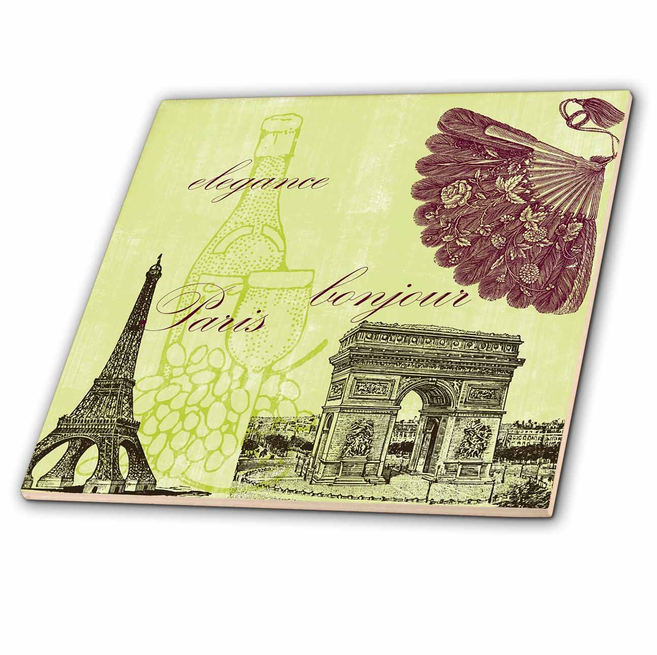 4 Inch Ceramic Tile - Paris Elegance Vintage Art- Wine- Eiffel Tower PS Vintage