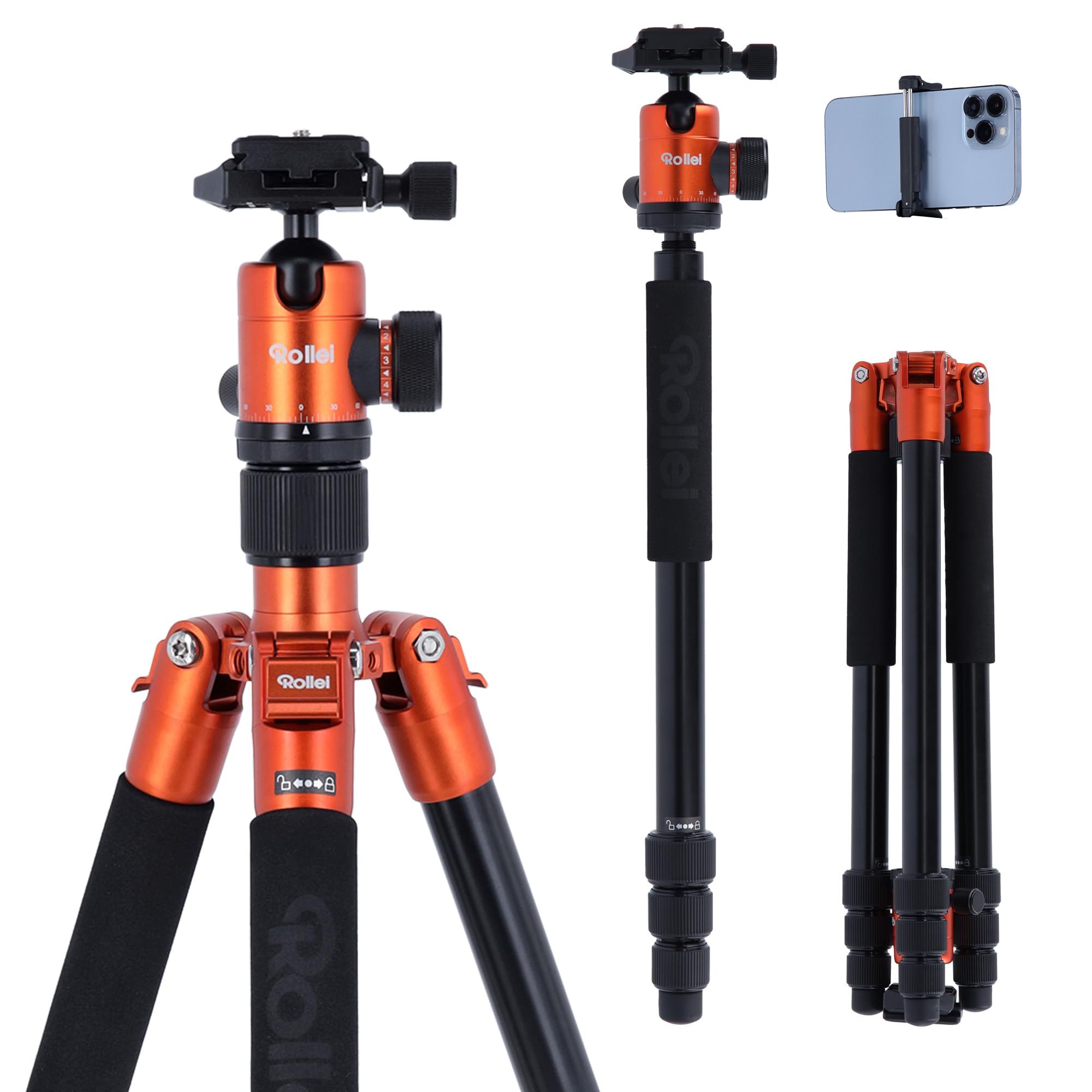 Rollei C5i - Aluminum Tripod with Panoramic Ball Head - ARCA SWISS compatible - Max. Load 8 kg - Max. height 159 cm - Orange