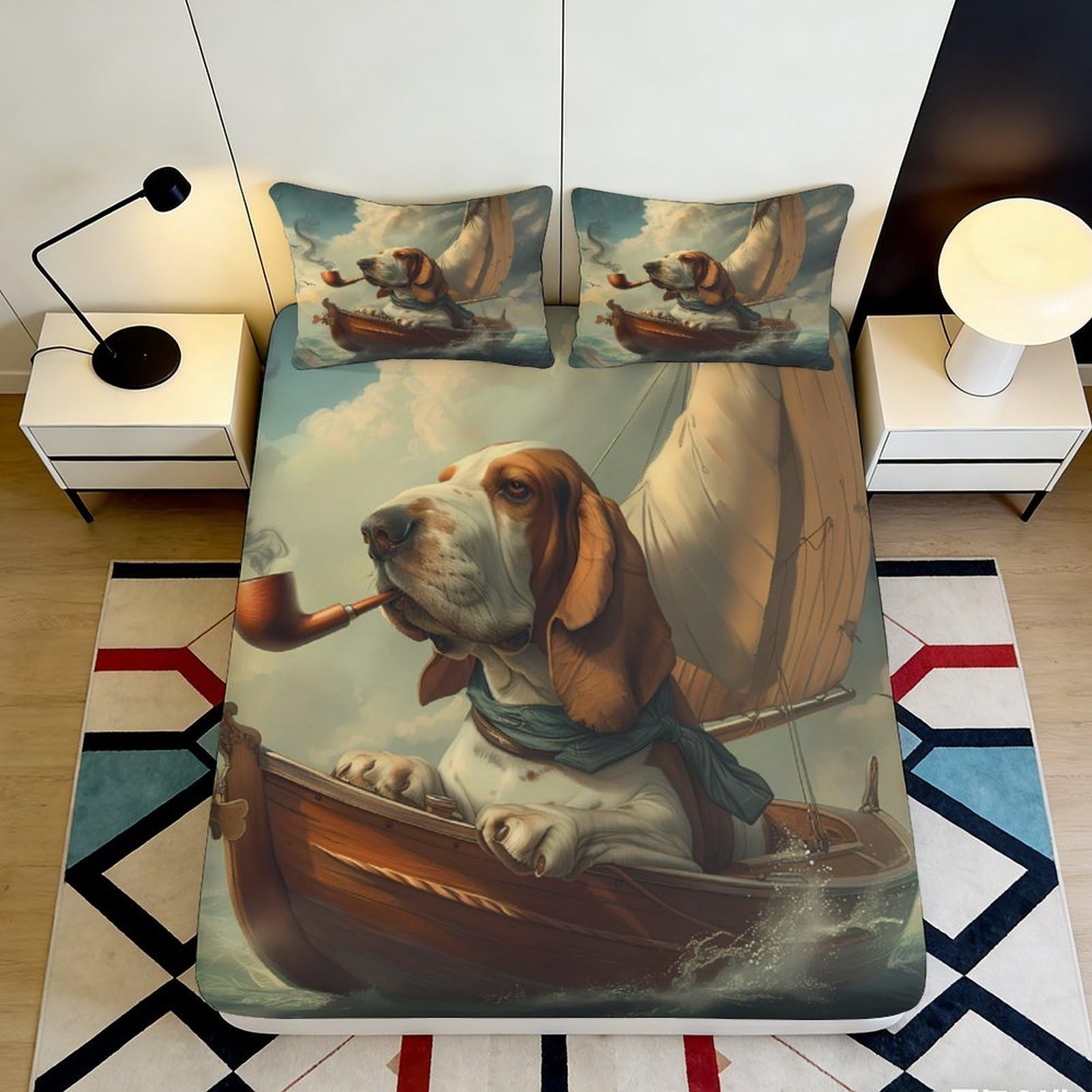 3D Printed Basset Hound Dog Fitted Sheet Microfiber Soft Breathable Sailing Boat Bed Cover for Bedroom Dormitory Guest Room Mattress Protection Decor 180x200x25cm