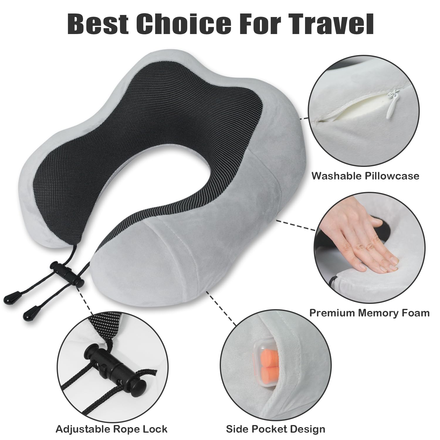 Cuscino da Viaggio, Cuscino Aereo Viaggio Memory Foam, Cuscino Cervicale da Viaggio Travel Neck Pillow con Maschera per Dormire e Tappi per le Orecchie per L'ufficio Dell'auto Dell'aereo - Grigio