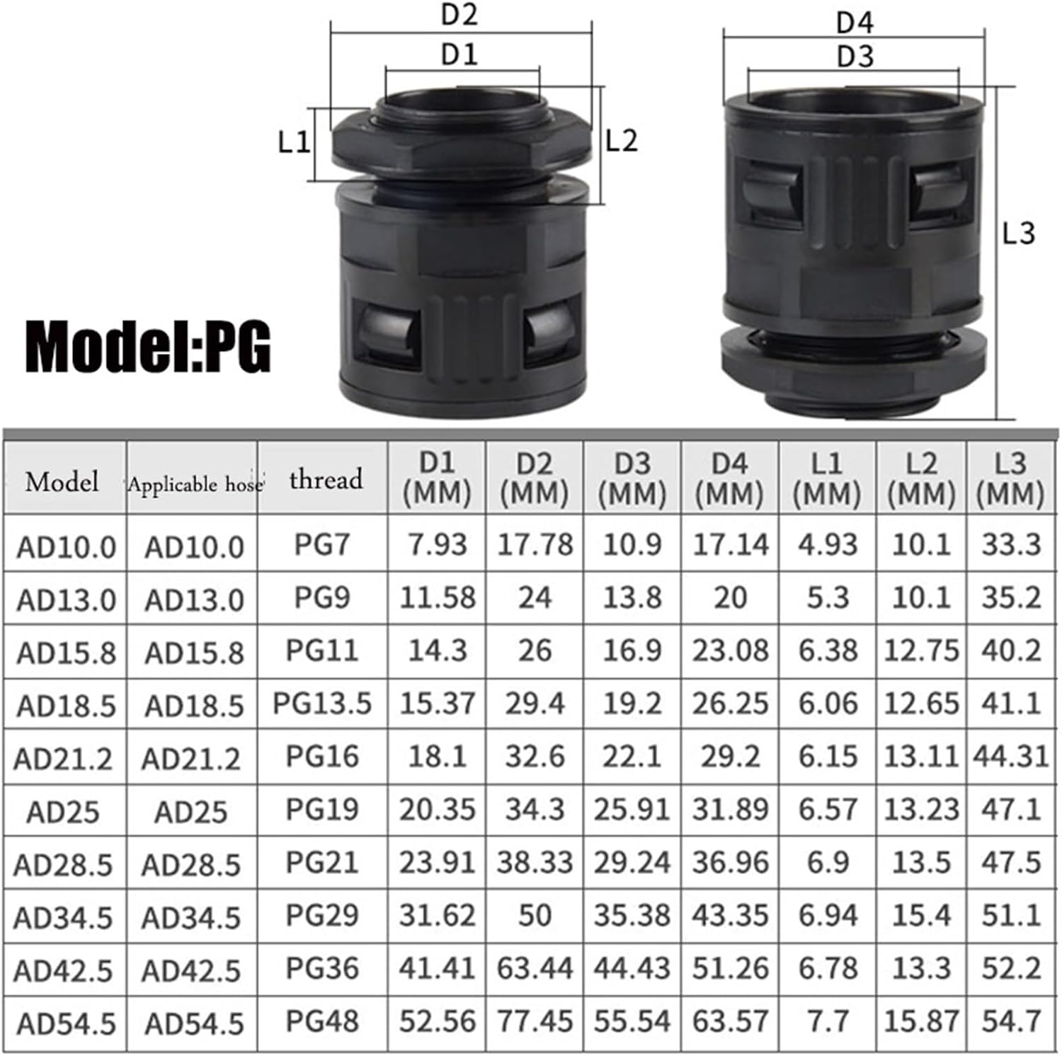 1Pcs Corrugated Pipe Joint Plastic Tube Connecto Bellows Joint AD10-PG7-AD54.5-PG48 Cable Gland Nylon Joint(AD10 PG7,1pcs)
