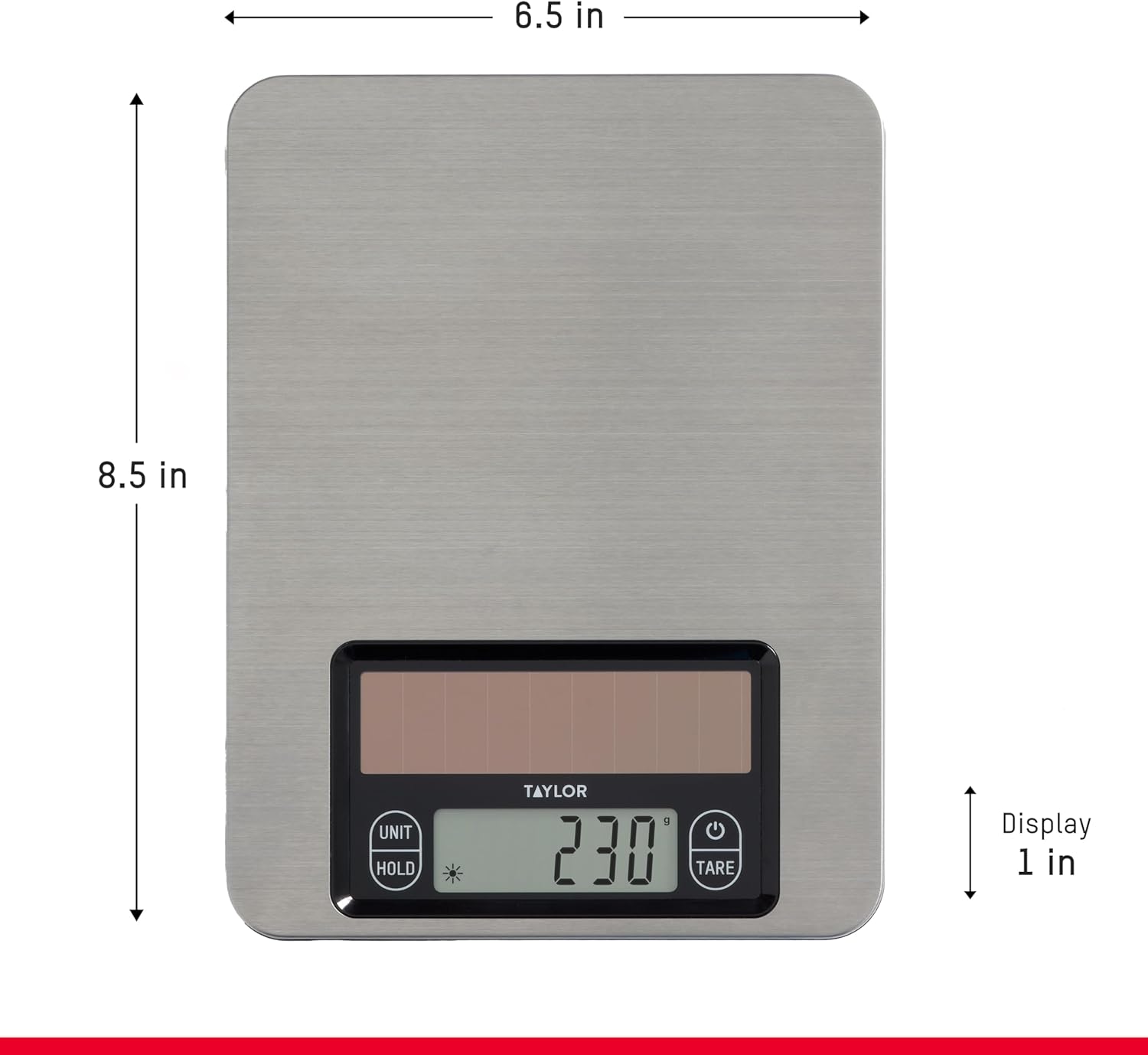 Taylor Light Powered Digital Kitchen Scale, Light Energy Scale with Stainless Steel Platform, Light Powered Panel with Endless Power, No Batteries Needed, Energy-Saving, High 11lb Capacity, Silver