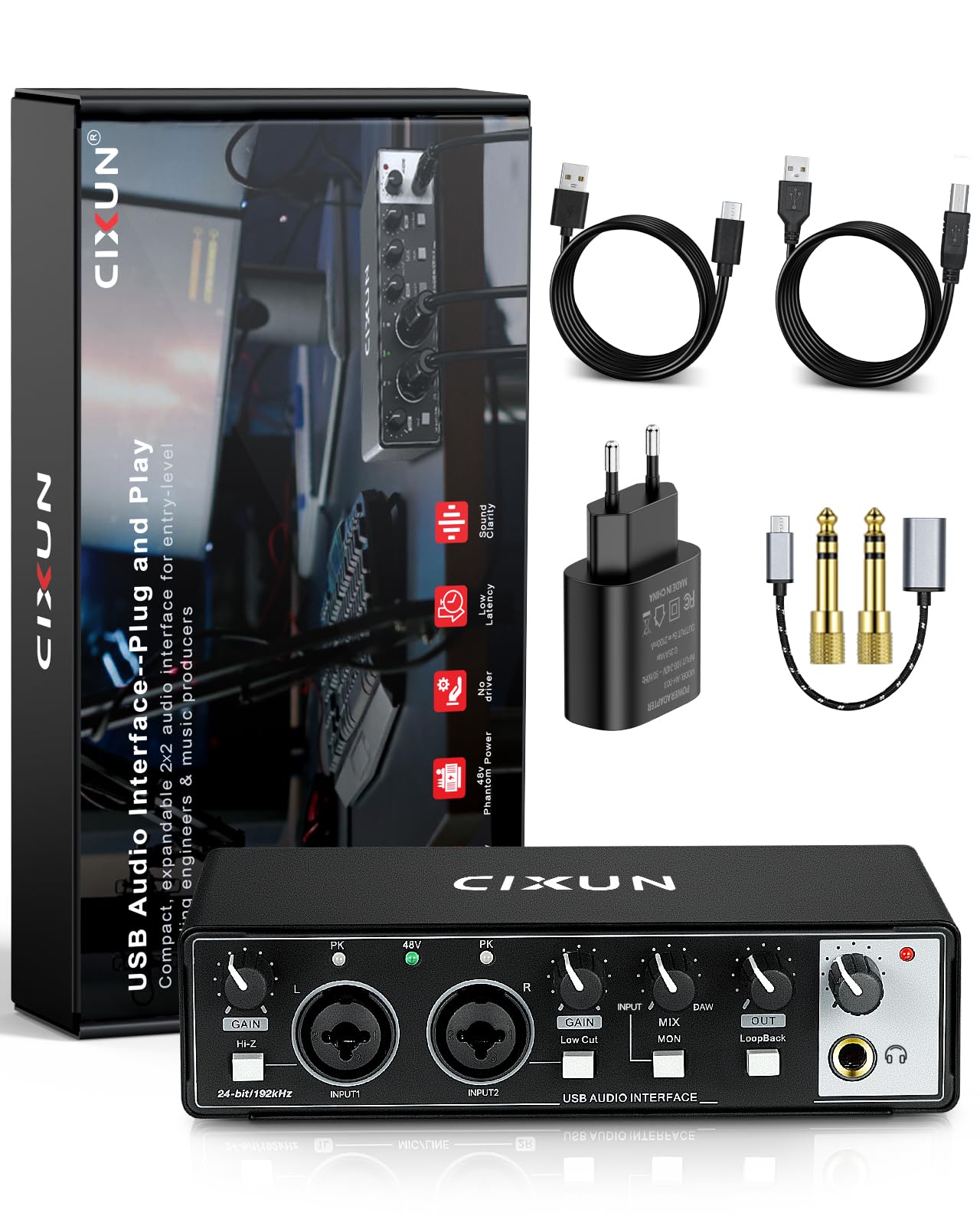 Tarjeta de sonido externa, 2 × 2 interfaz de audio USB-C para PC, 24 bits/192 kHz, entradas dobles TS/XLR, alimentación fantasma +48 V, para estudio/podcast/transmisión en directo (negro))
