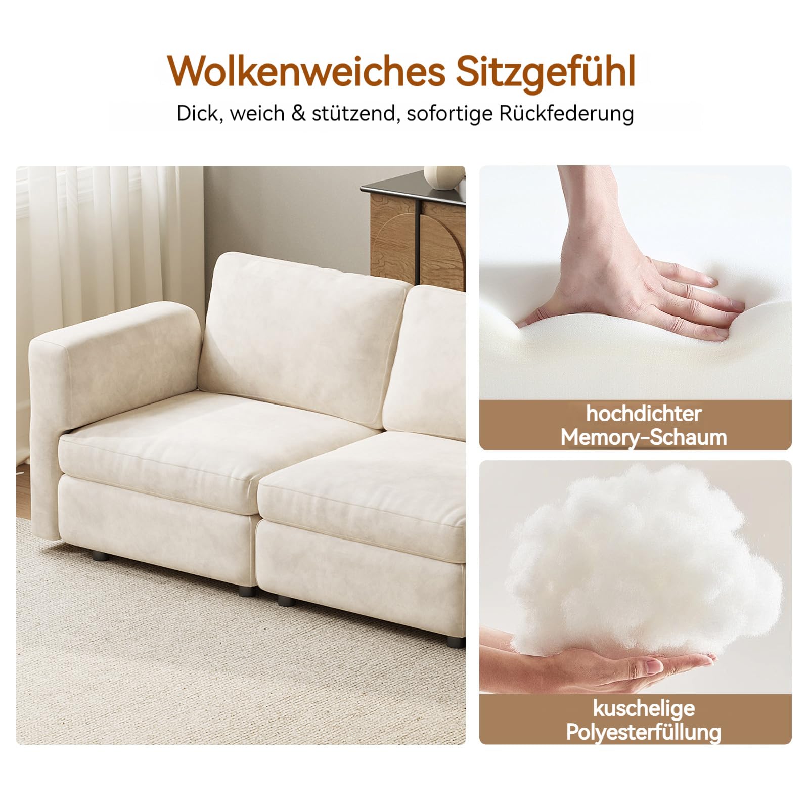 Cream Modular 3-Seater Sofa, 250cm Wide Comfort Couch with Storage-Compatible Design, Cloud-Soft Seating, Sturdy Wooden Frame, 150KG Capacity