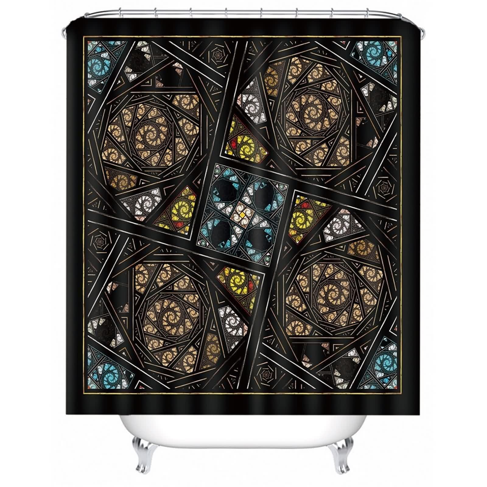Rideau de douche imperméable noir motif treillis en tissu polyester lavable avec anneaux