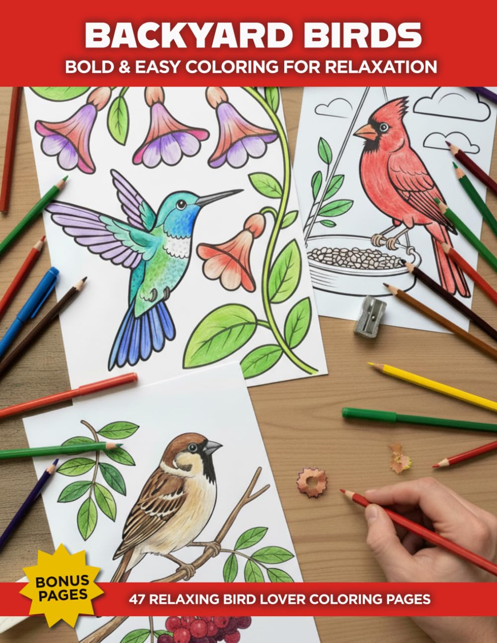 Backyard Birds Coloring Book for Adults and Seniors: Bold and Easy Designs for Relaxation, Stress Relief and Bird Lovers with Simple Large Spaces