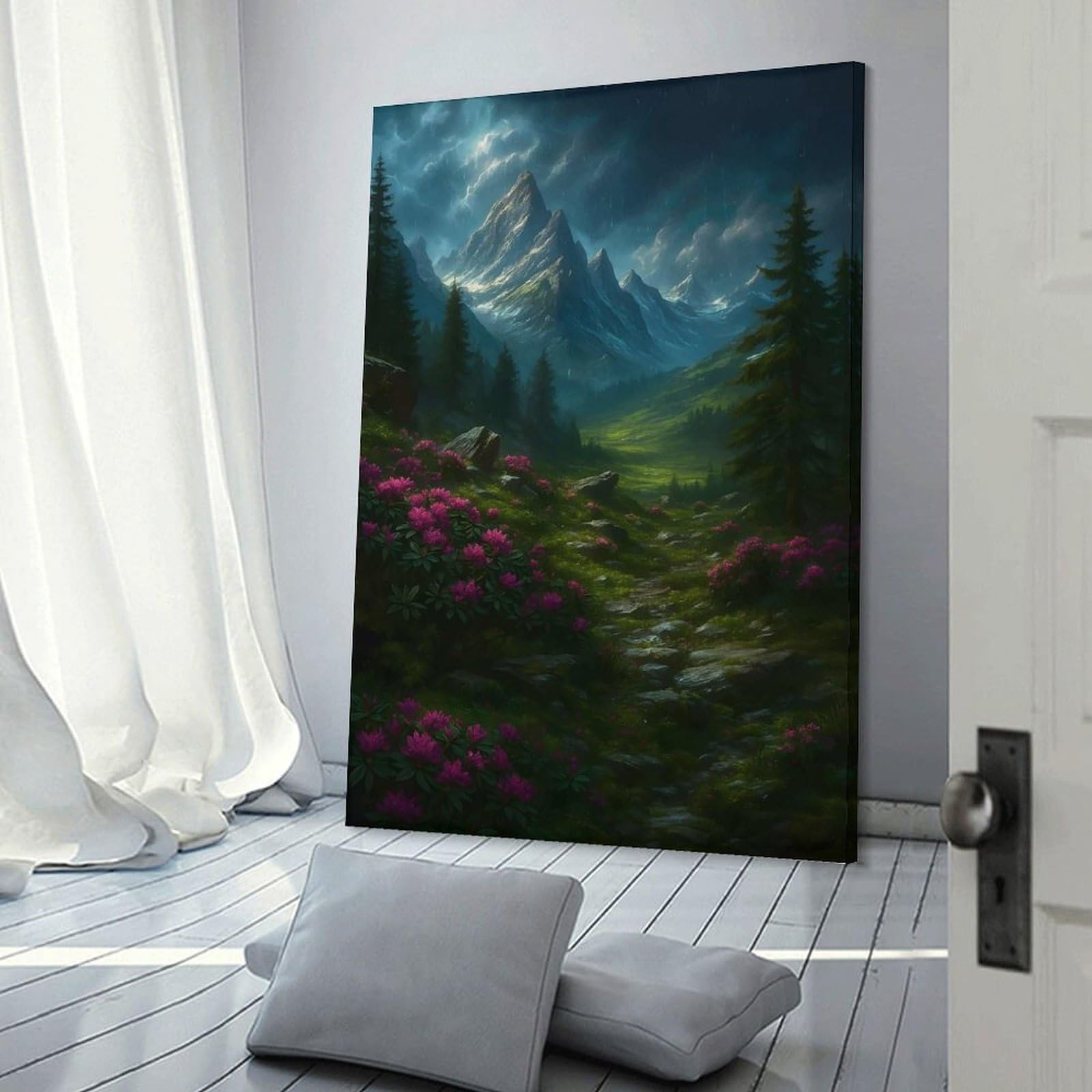 Junmoney Mountain Landscape with Flowers And Path Hanging Wall Art 20x30inch(50x75cm), for Study, Office Or Focused Interiors, Wall Art That Adds Style to Work Areas