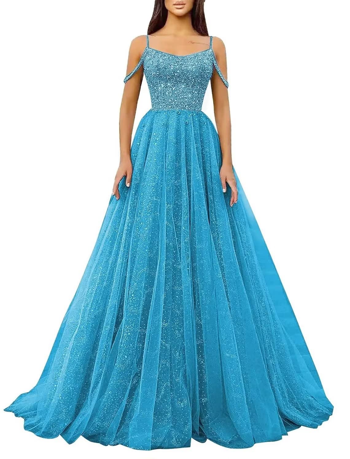 RjerOff Shoulder Tulle Prom Dresses Sparkly Ball Gowns Aline Wedding Evening Party Dress