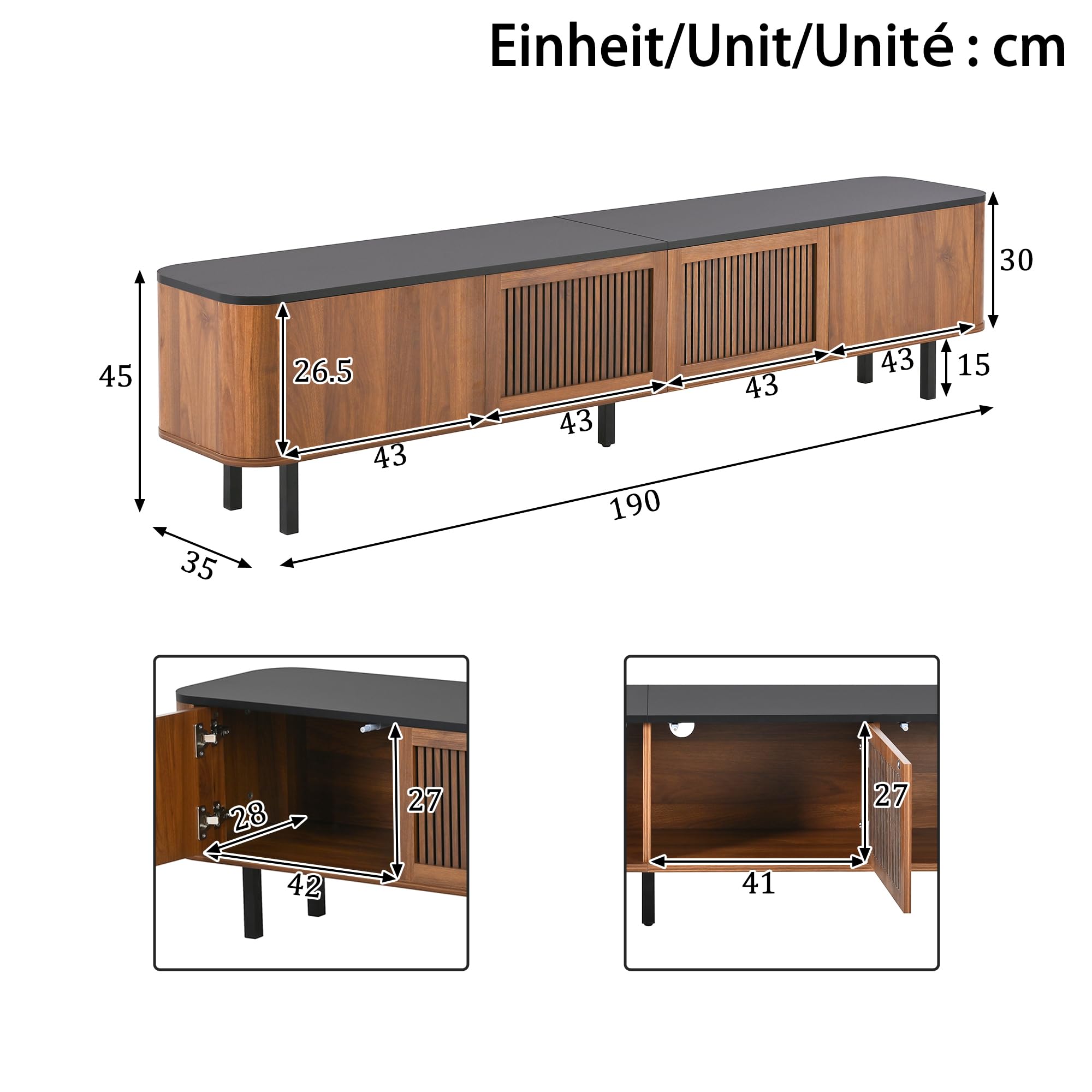 Mueble para TV moderno, color nogal, 190 x 35 x 45 cm, panel inferior, diseño único
