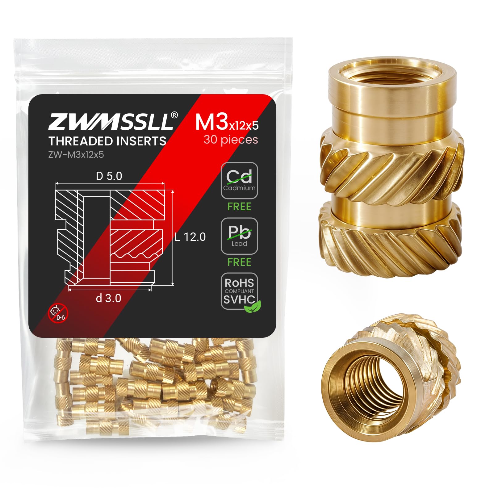 ZWMSSLL Heat-Set Threaded Inserts, M3x12x5mm Heat Set Insert for 3D Printing Components and Plastic Parts(30Pieces),Brass Metric Knurled Nuts — image 1