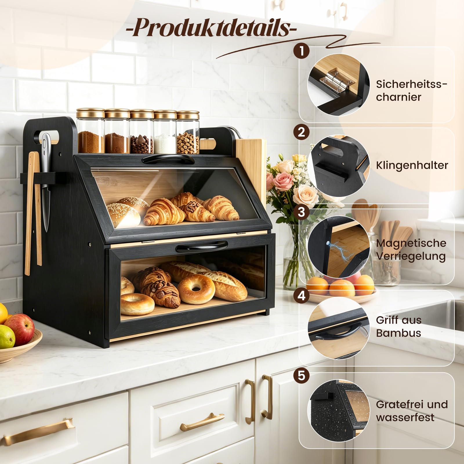 Bambus Brotkasten 2 Etagen Brotbehälter mit Brotschneidebrett und Brotzange, lebensmittelecht Brotaufbewahrung, Holz Brotbehälter für selbstgemachtes Brot, 40 x 26 x 37 cm, Schwarz