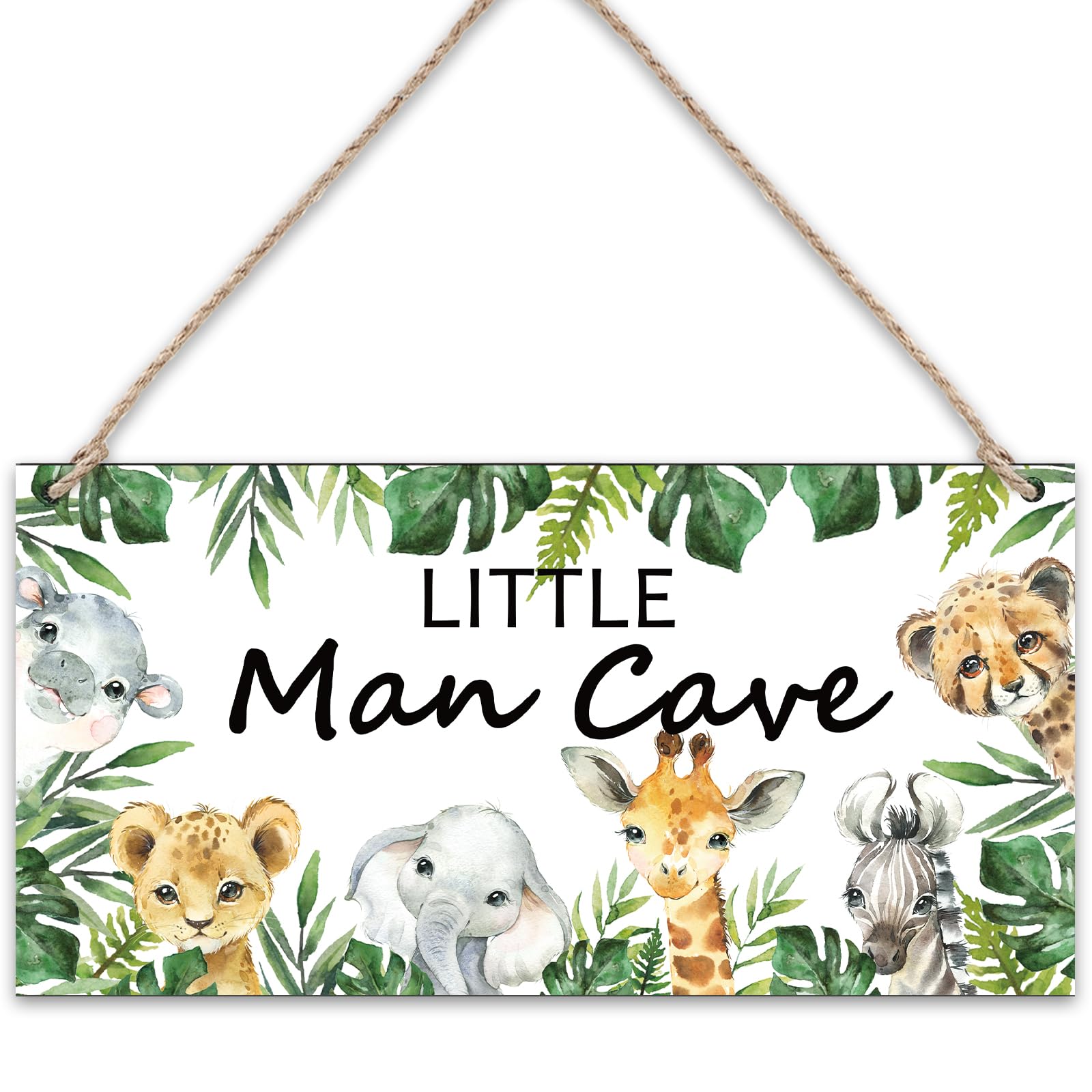 FYSUIMU Jungle Animal Little Man Cave Sign Watercolor Safari Wooden Hanging Sign with Hemp Rope Woodland Room Wall Decoration for Baby Bedroom Nursery Door Porch