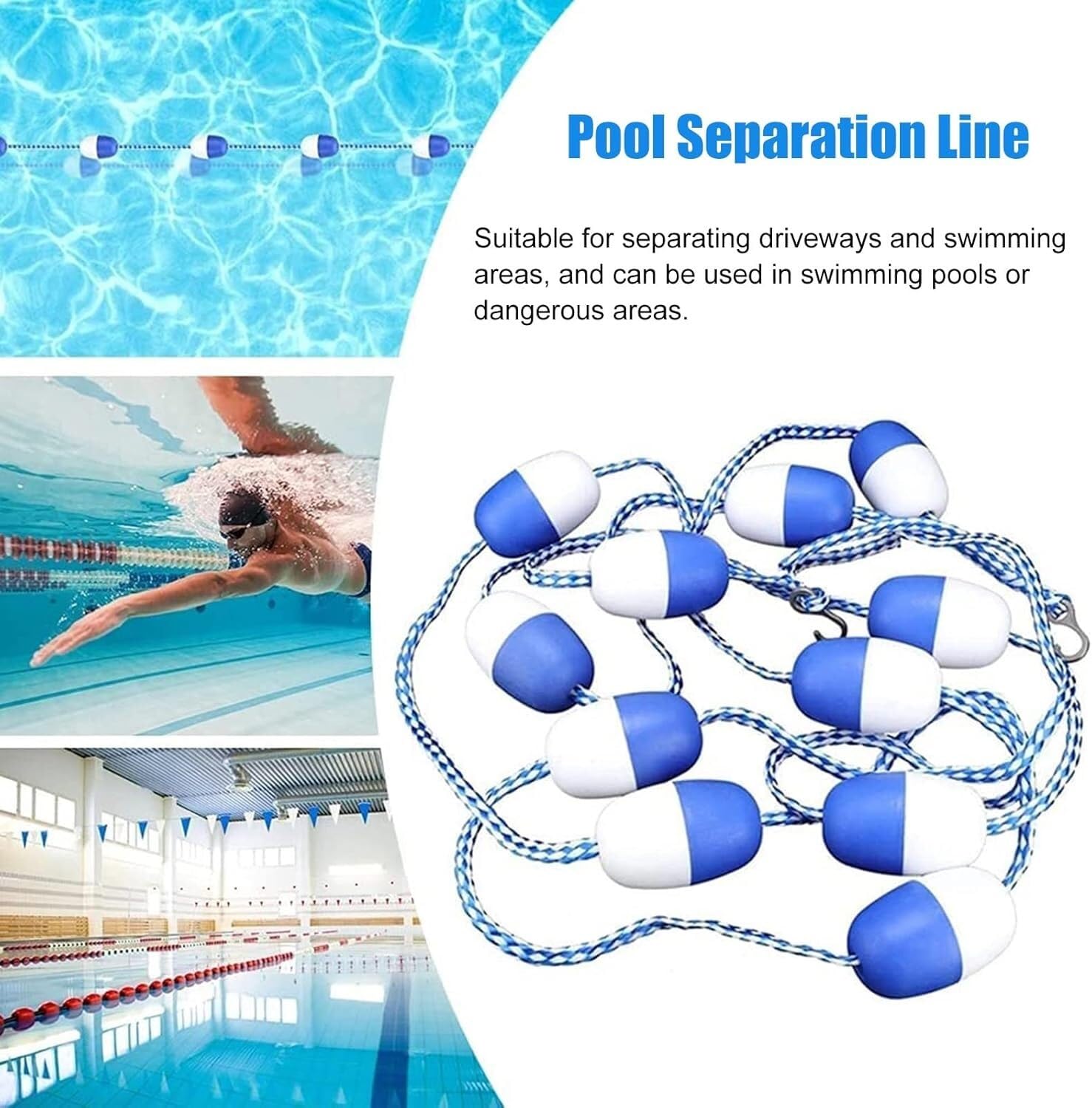 Schwimmende Markierungsleine für Schwimmbahnen im eingelassenen Pool, blau-weiß, mit Schwimmkugel und Nylon, 10 Meter lang