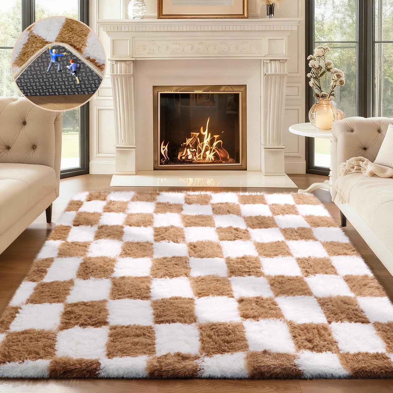 Ophanie Checkered Beige &amp; White Rug for Living Room Bedroom,Fluffy Soft Cute Fuzzy Area Rugs,Shag Plush Shaggy Bedside Floor 4x6 Furry Carpet Kids Baby Teen Dorm Decor with Over 99 pcs Pile fibers