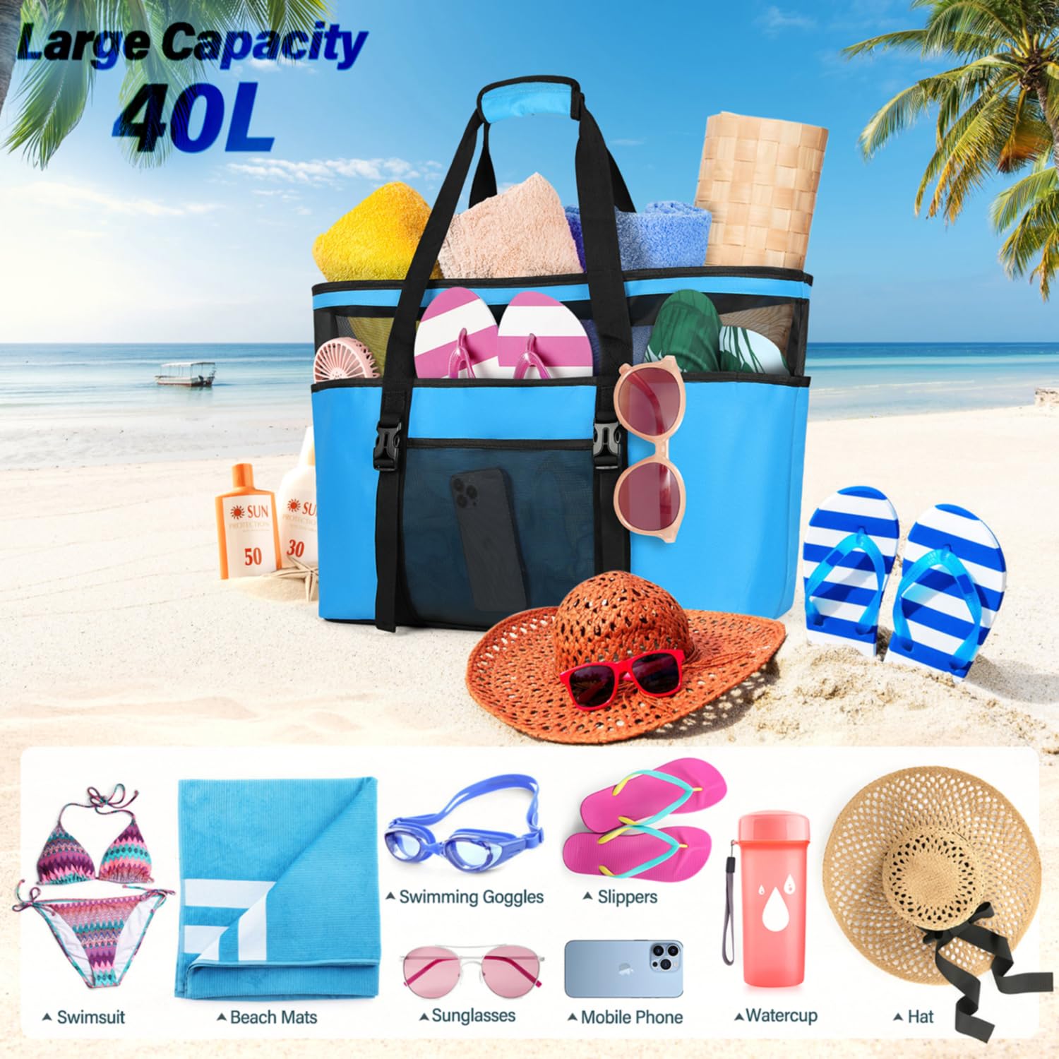 RAINSMORE Grand Sac de Plage Femme XXL en Maille avec Fermeture Éclair Tout de Plage Pliable Anti-Sable Imperméable Sac Cabas Plusieurs Poches de Rangement pour Plage Voyages Gym Piscine Bleu