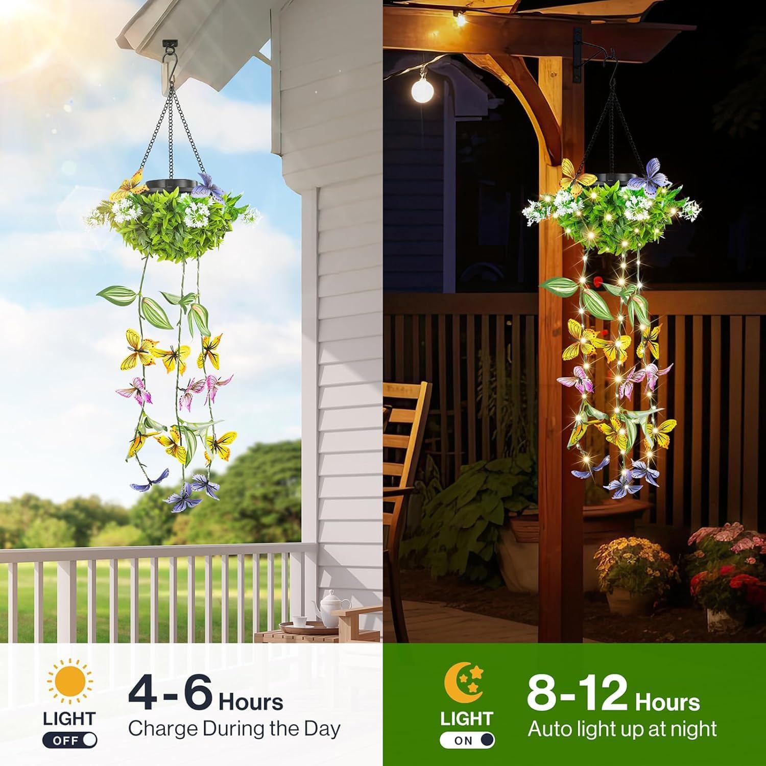 Solarlampen für Außen Hängend Bunt, 2 Stück Hängepflanze Künstlich mit LED Wasserfest Solarleuchten Schmetterling Windspiel Künstliche Pflanzen Wie Echt für Garten Baum Terrasse Deck Hinterhöfe