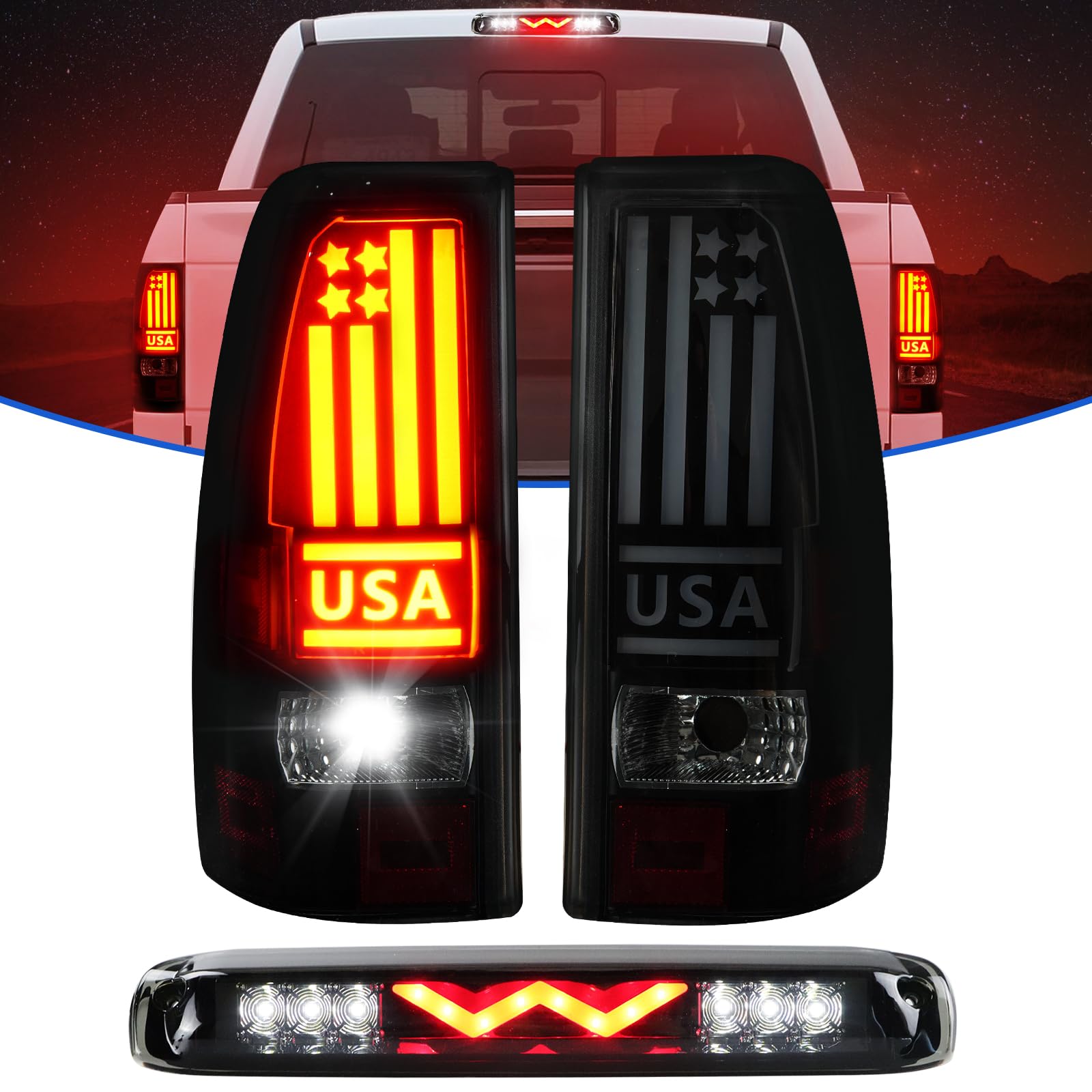 LED Tail Light + 3rd Brake Light Kit for 1999-2002 Chevy Silverado 1500 2500 HD, 1999-2003 GMC Sierra 1500 2500 HD Fleetside, Rear Brake Taillight Assembly and Hight Mount Stop Light, Smoke Lens