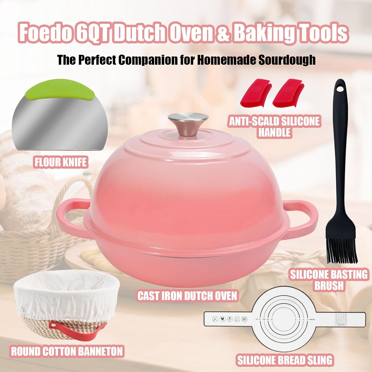 6QT Enameled Cast Iron Dutch Oven for Bread Baking – Sourdough Starter Kit with Cotton Basket, Bread Sling, Lame, Brush & Handle Cover – Multi-Purpose Pot for Baking, Frying, Braising – Pink