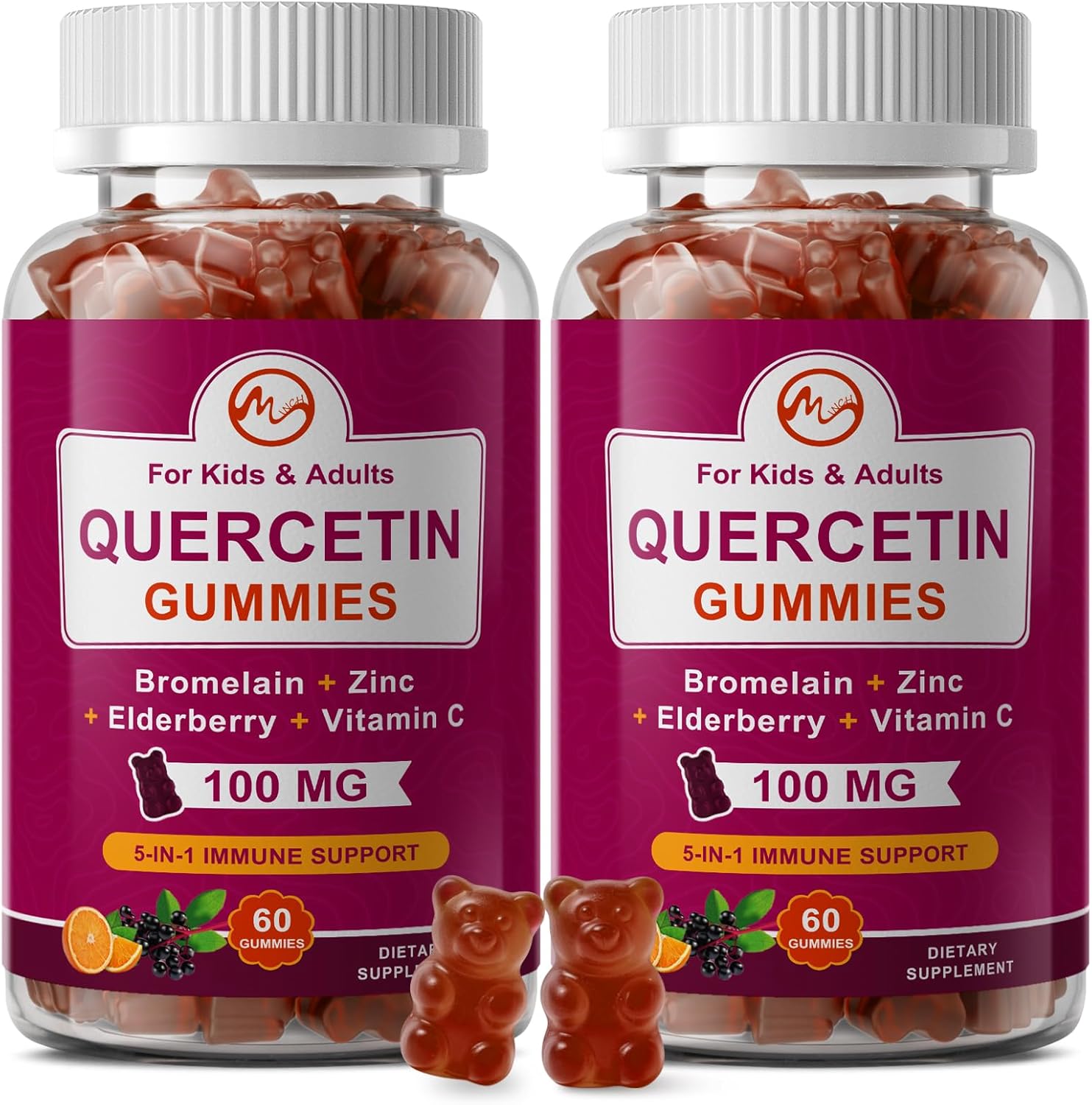 M inch (2 Pack) Quercetin Gummies with Bromelain, Elderberry, Zinc and Vitamin C - Chewable Quercetin 100mg Supplement for Immunity, Allergy, Aging Support - Vegan Gummies for Adult & Kid